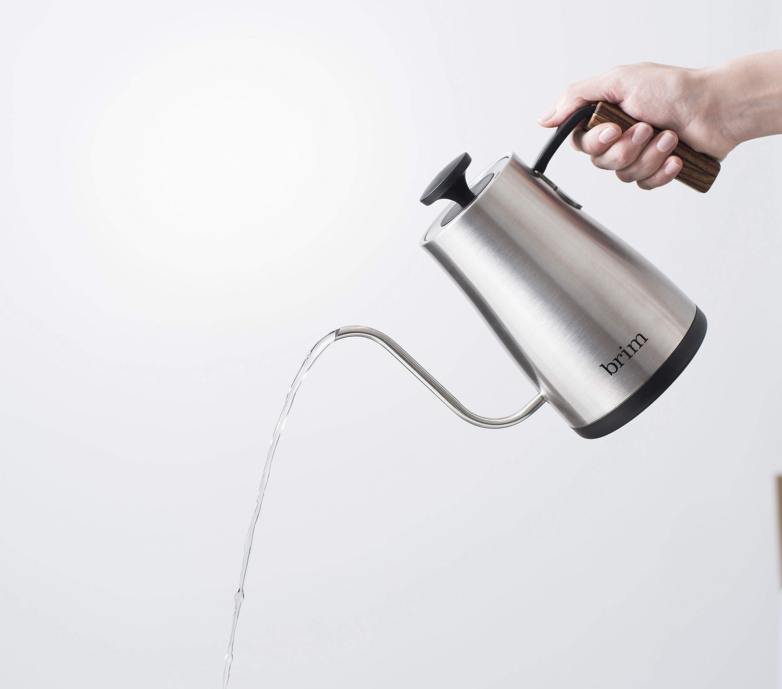 Brim 08L Gooseneck Kettle W Wood Handle, Easy Brewing Pour Over Coffee, Tea Or Hot Beverages, 6 Variable Temperature Presets, Ca
