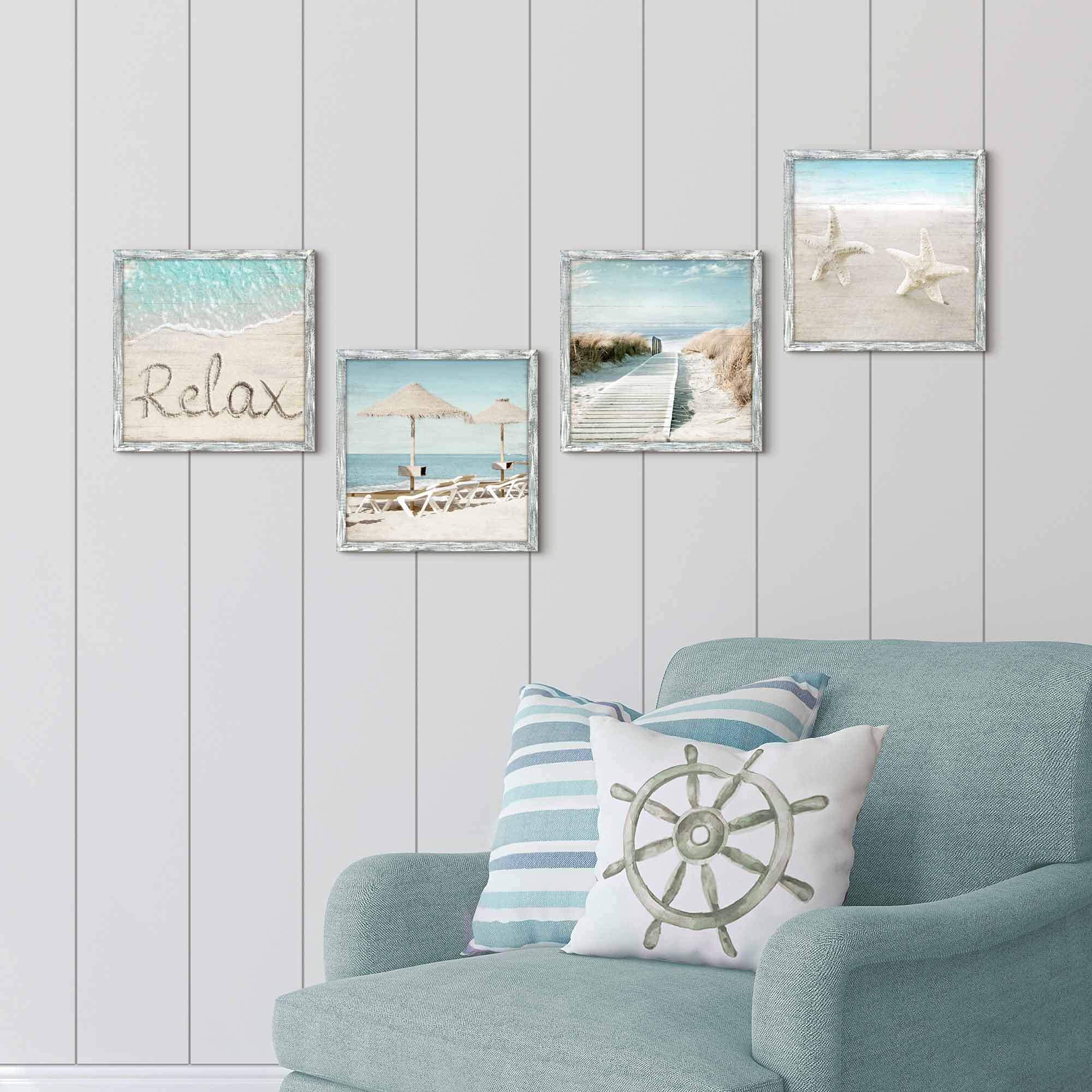 Ocean Framed Wood Wall Art: Beach Picture Seascape Artwork Coastal Prints Starfish Boardwalk Art Collection Wall Decor Set Of 4