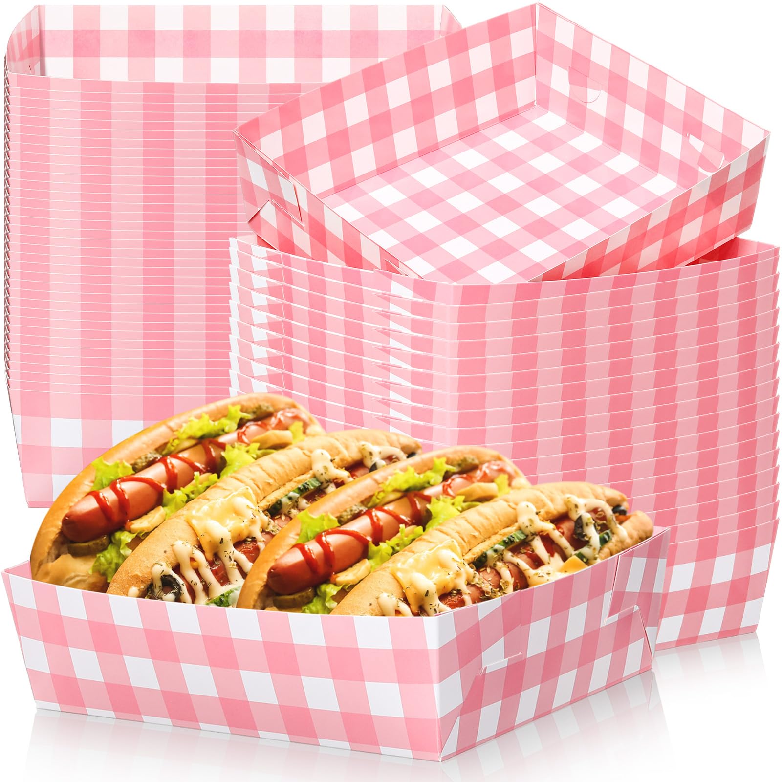 Suclain 36 Pack Light Pink and White Gingham Paper Trays 5 lb Grease Resistant Large Snack Serving Trays Disposable Food Boats f