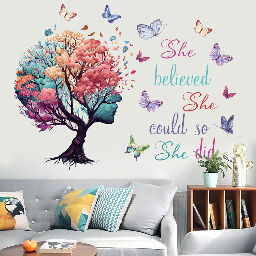 Inspirational Wall Decal Quotes She Believe She Could So She Did Tree Wall Sticker Wall Art Positive Sayings Sticker Butterfly W