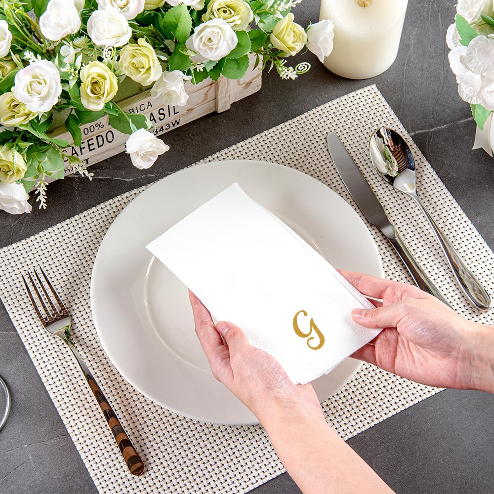 Luxenap 15.8 X 7.9 Inch Linen-Feel Guest Towels, 50 Lettered Hand Towels - Gold Letter 'G', Cursive Font, White Paper Dinner Nap