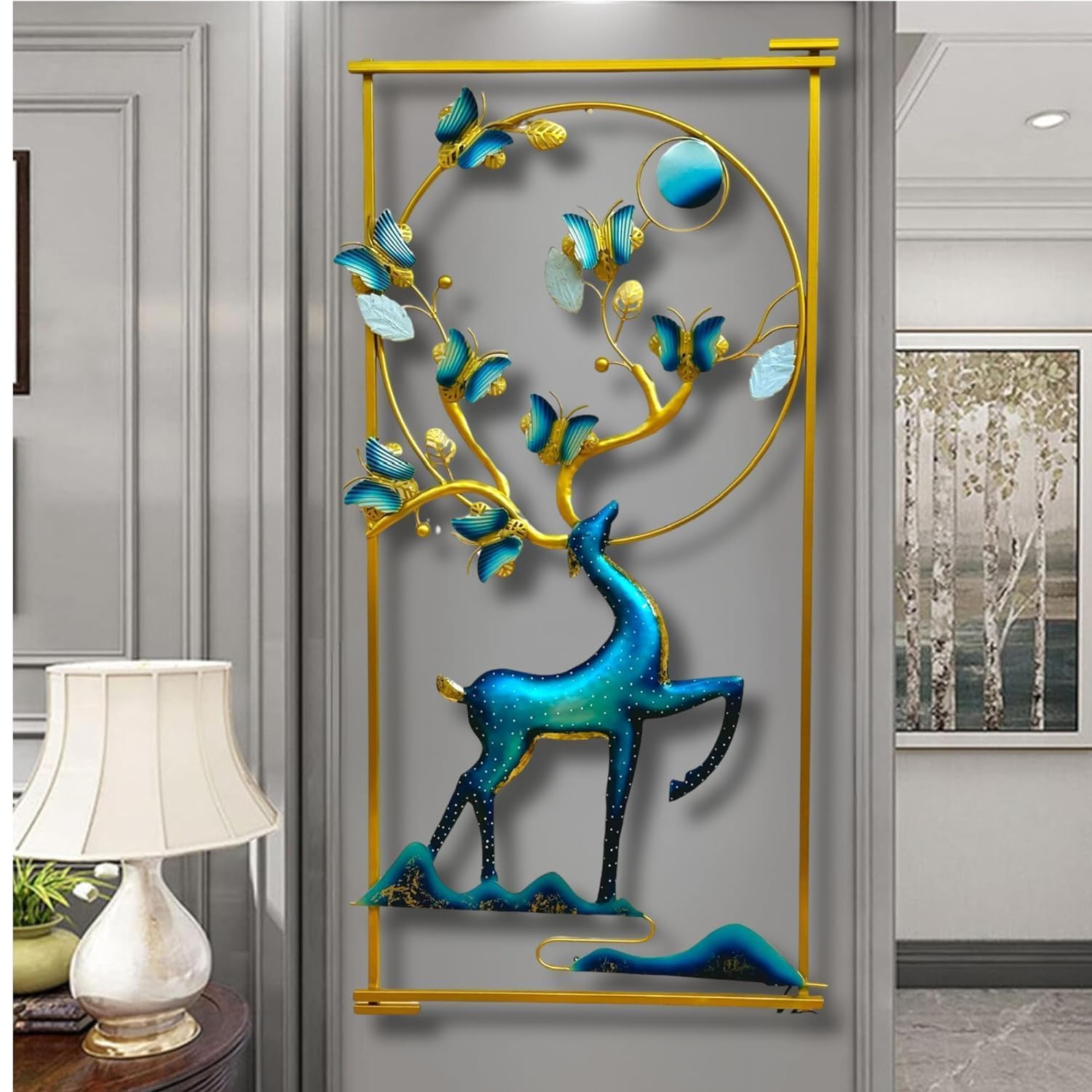 MANMOHINI CREATIONS Deer And Butterfly With LED Metal Frame Wall Dcor Entrance/Wall Hanging For Living Room, Bedroom, Home Offic