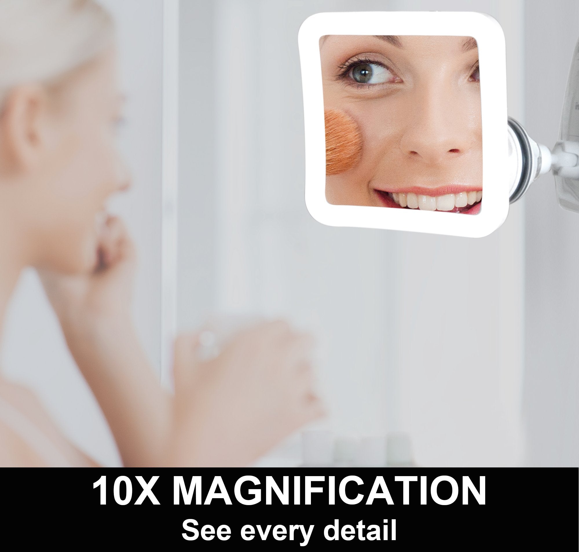 Fancii 10X Magnifying Lighted Makeup Mirror - Daylight LED Vanity Mirror - compact  cordless  Locking Suction  65 Wide  360 Rotation  Portable Illuminated Bathroom Mirror (Square)