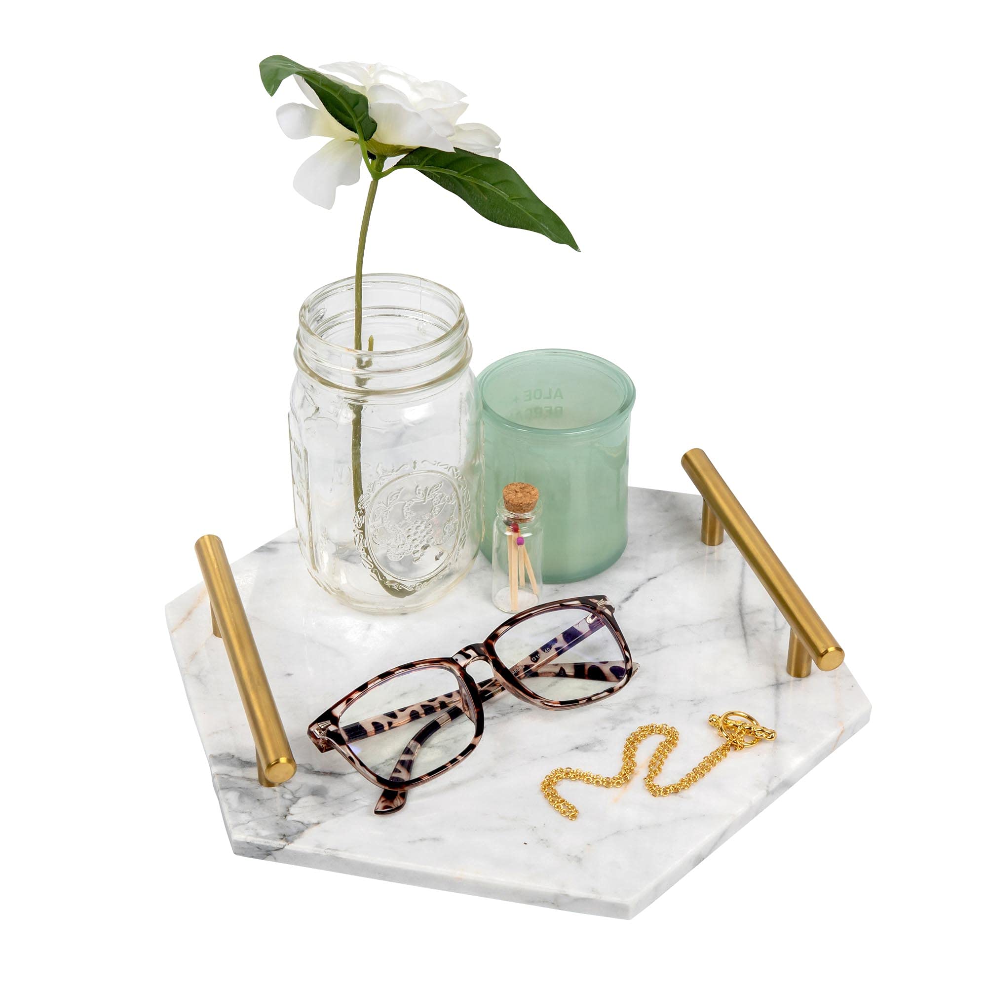 White Marble Tray With Gold Handles - Solid Marble Perfume Tray For Vanity - Chic Modern Hexagon Tray, Room Decor Tray, Elegant