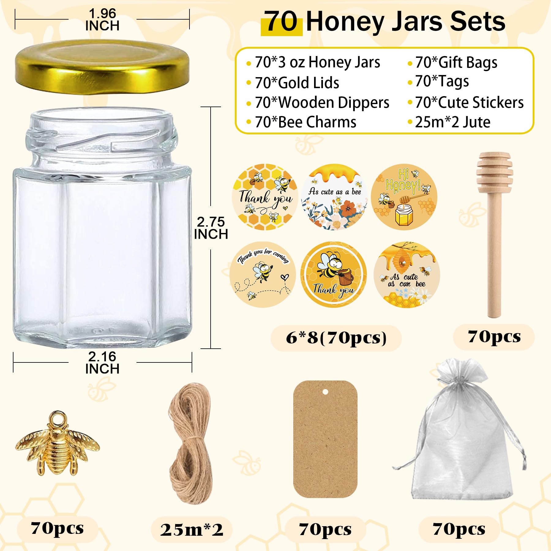 Aliggbent 70 Pack Small Honey Jars for Party Favors in Bulk, 3 oz Mini Hexagon Glass Honey Jars with Dippers, Lids, Cute Sticker