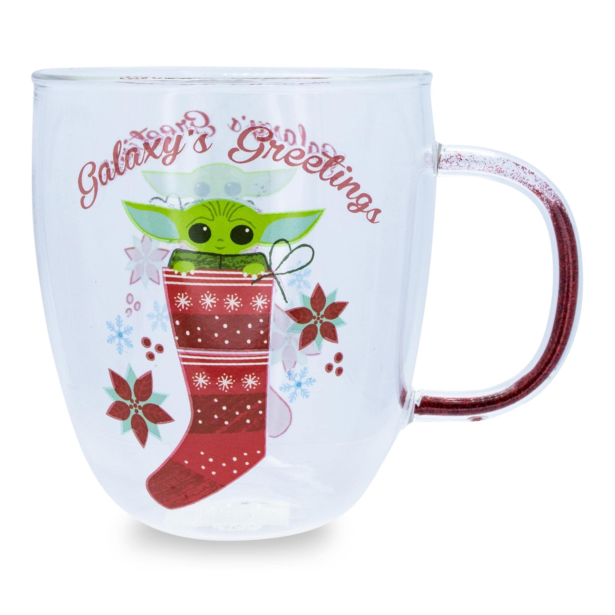 Star Wars: The Mandalorian Grogu Holiday Glitter Handle Glass Mug   14 Ounces