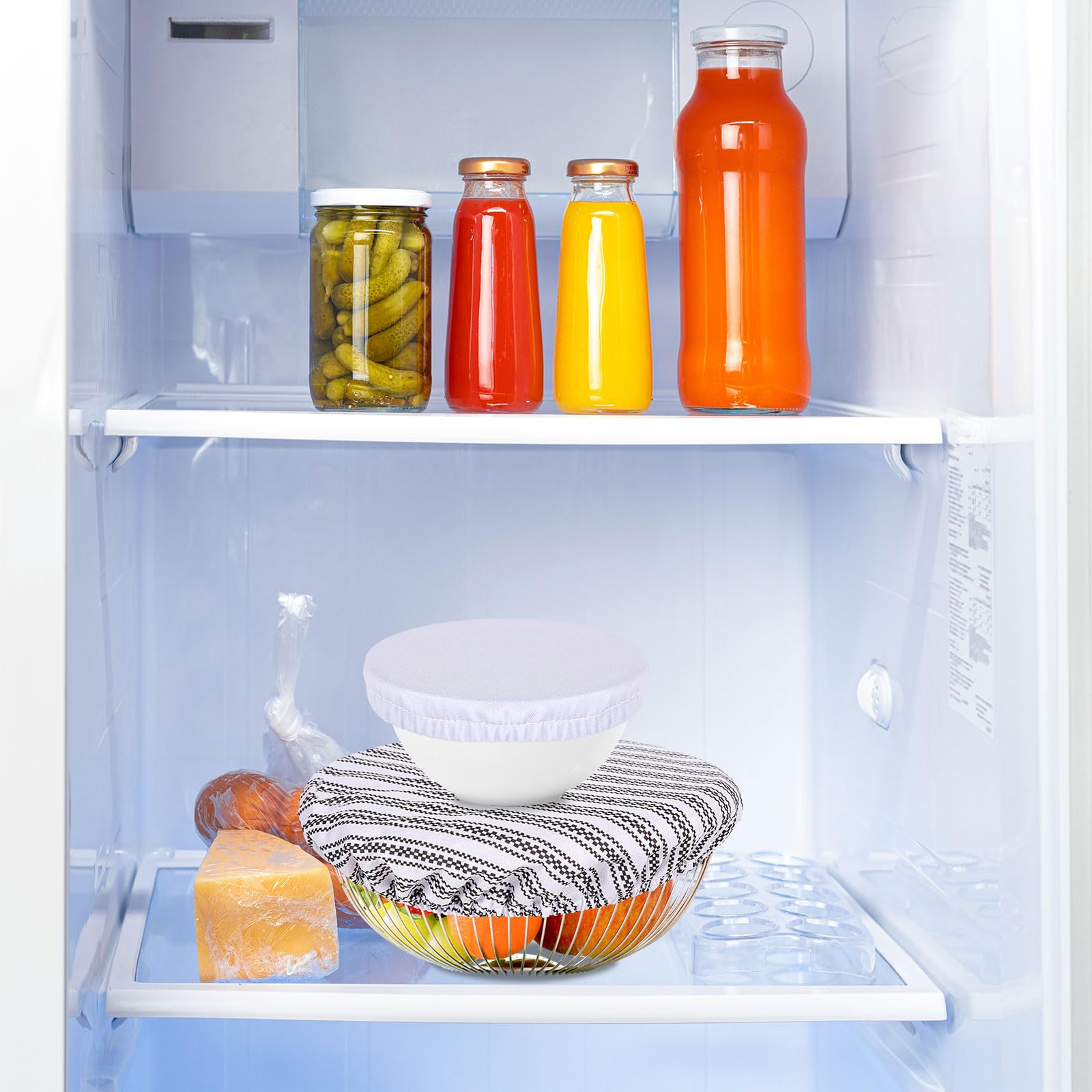 Whaline 10Pcs Bowl Covers Reusable In 5 Size Stretch Cloth Fabric Dish Cover Farmhouse Plaid Gray Ticking Stripe Lids For Food F