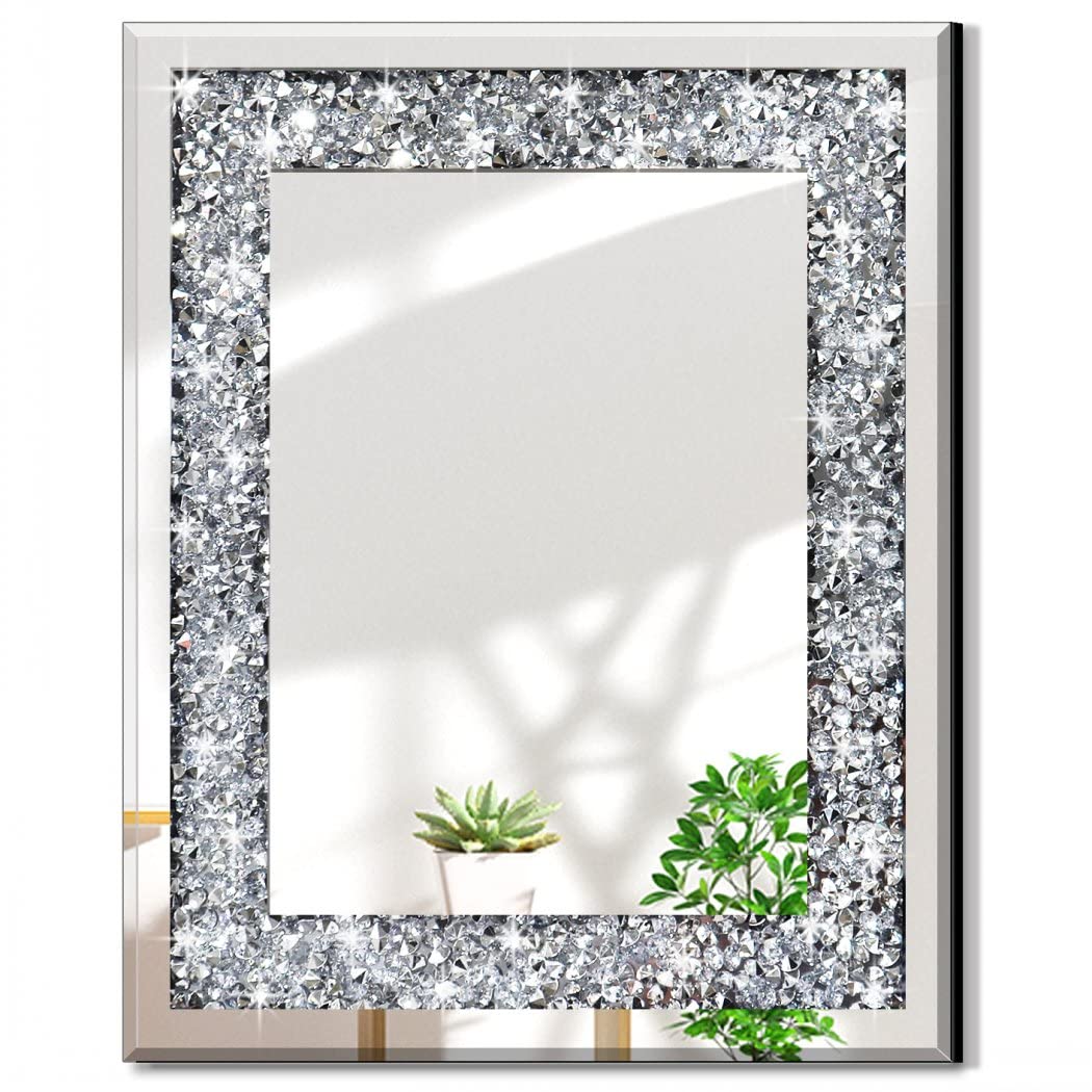 QMDECOR Rectangle Sparkling Decorative Wall Mirror for Home Decoration with Silver Crystal Crush Diamond D  cor, Dimention16x20x