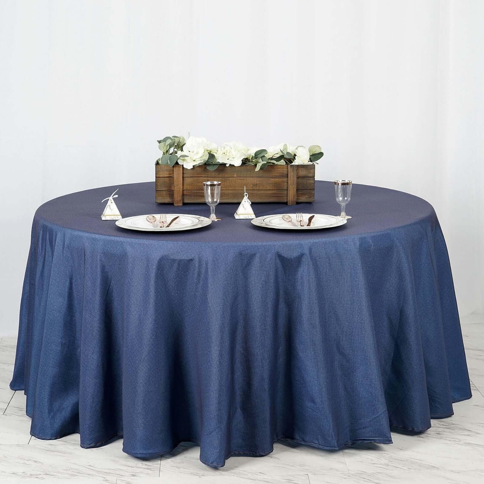 Efavormart 120'' Dark Blue Faux Denim Polyester Round Tablecloth For Wedding Party Banquet Restaurant