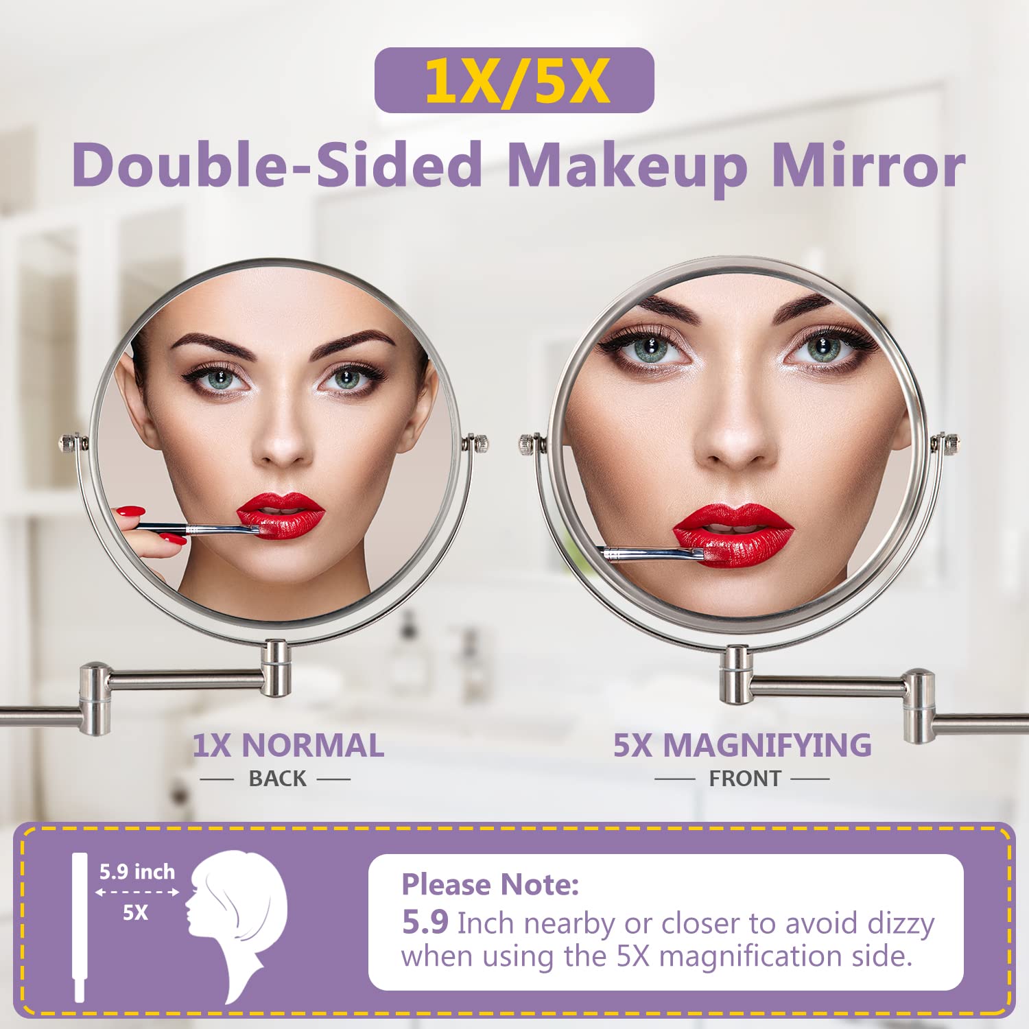 ALHAKIN Wall Mounted Makeup Mirror  1X/5X Magnifying Mirror Double Sided  8 Inch Extendable Bathroom Mirror for Shaving  Nickel