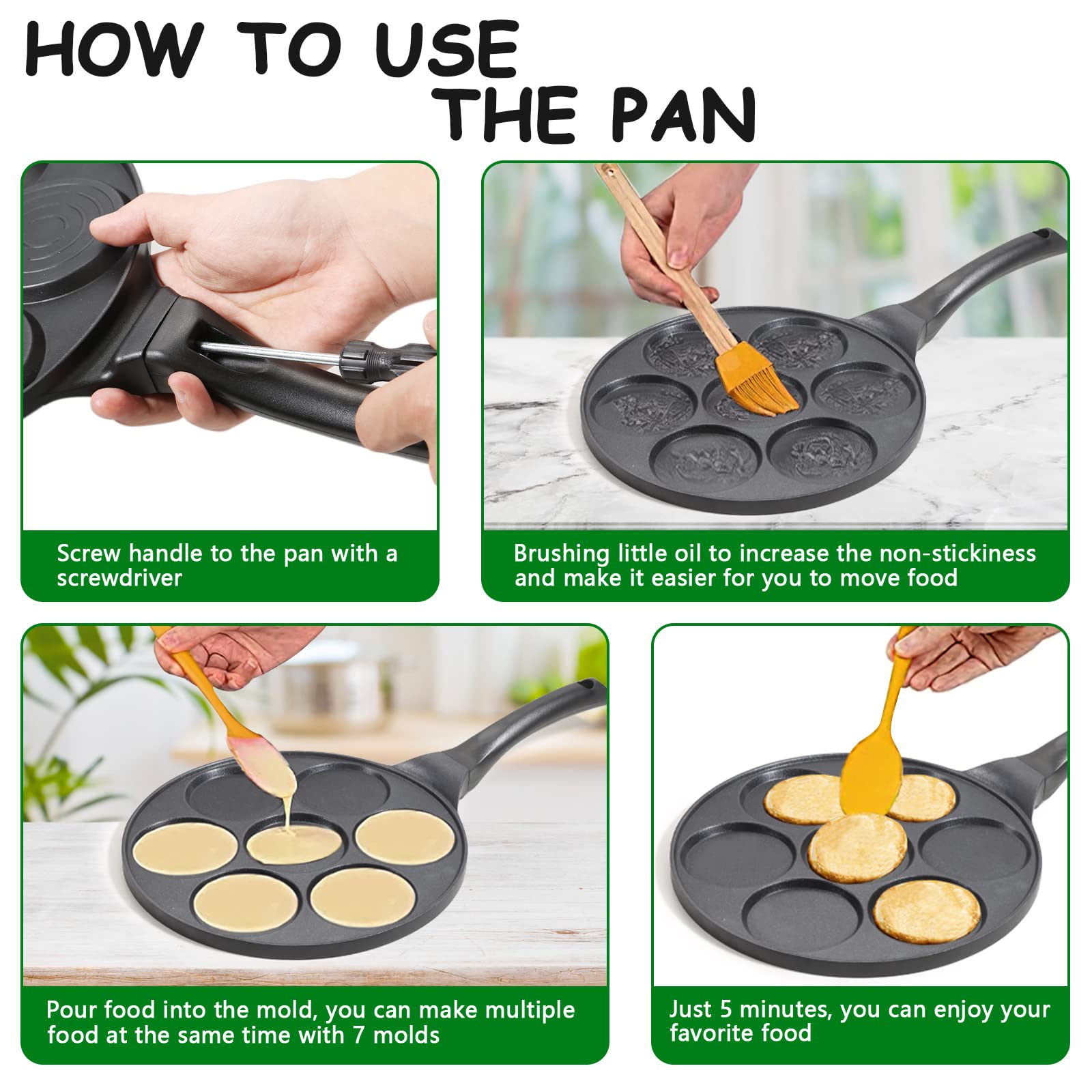 Kretaely Nonstick Pancake Pan Pancake Griddle With 7-Mold Design Mini Pancake Maker With Pfoa Free Coating-Black
