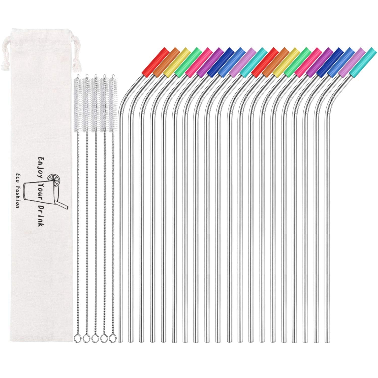 Mutnitt Set Of 20 10.5'' Reusable Stainless Steel Straws Bent Reusable Straws With 20 Silicone Tips 5 Cleaning Brush 1 Travel Ca