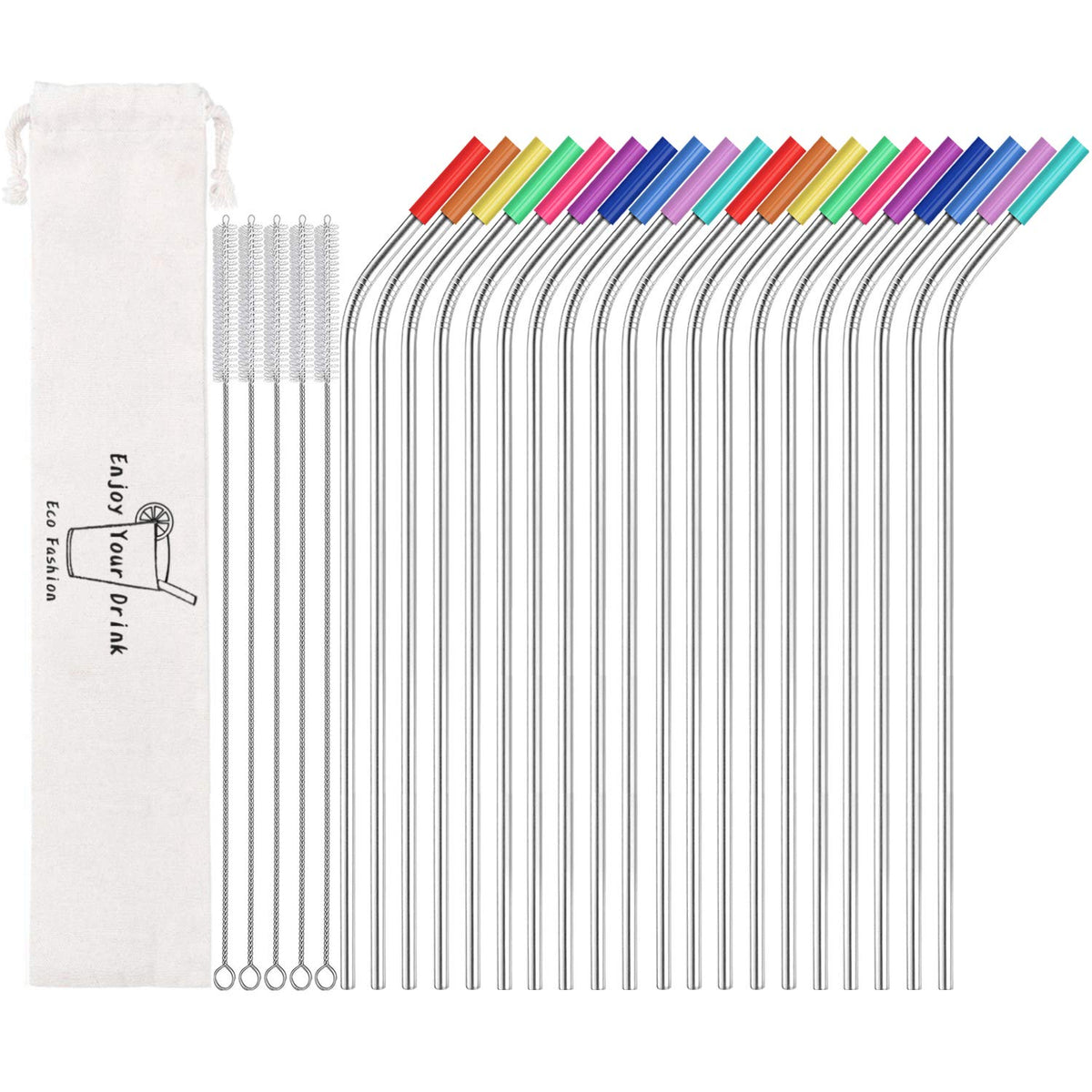 Mutnitt Set Of 20 10.5'' Reusable Stainless Steel Straws Bent Reusable Straws With 20 Silicone Tips 5 Cleaning Brush 1 Travel Ca