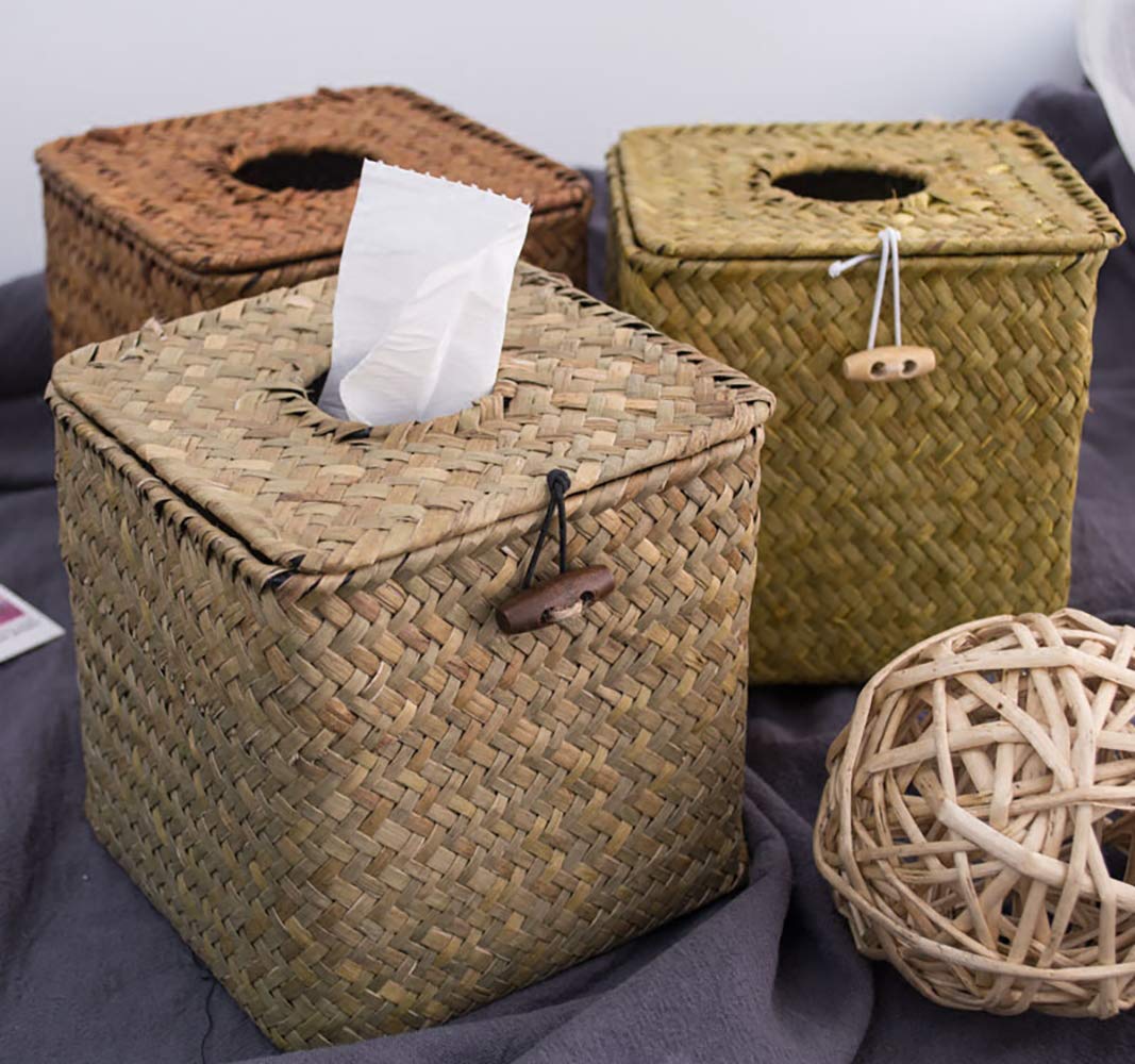 Yesland 2 Pack Square Seagrass Facial Tissue Box - Decorative Woven Paper Holder Napkin Dispense - 5 X 5 X 5 Inches Rattan Tissu