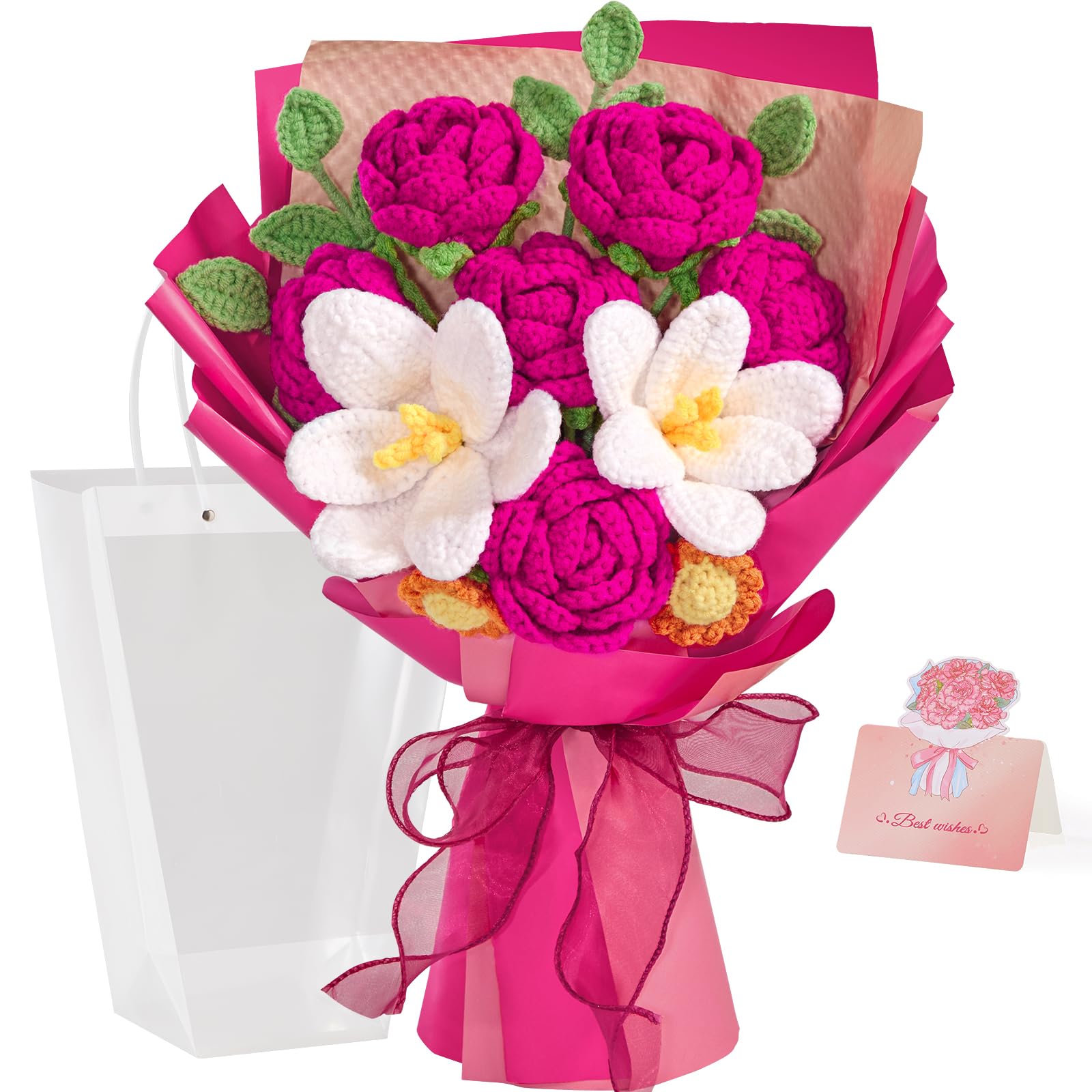 Alecono Crochet Flower Bouquet, Hot Pink Knitted Flowers, Crochet Tulip Rose Flower for Lover Anniversary Birthday Party Mother 