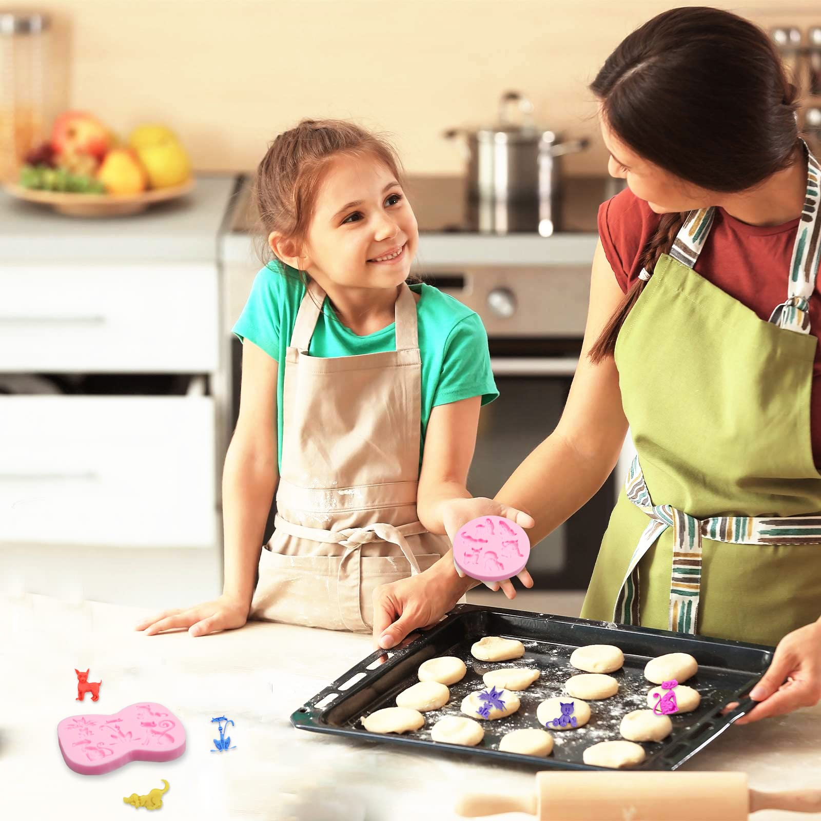 Dog Molds Silicone Fondant, 2 Packs Mini Cute Cats Dogs Fondant Animal Chocolate Molds For Baby Birthday Party Cake Decoration,