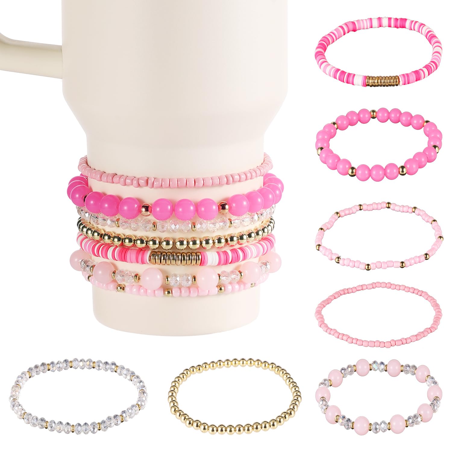 lasuroa 7pcs Bracelets for Stanley Cup, Different Design Bracelet Stack Delicate Beads Charm Bracelet Decoration, Accessories fo