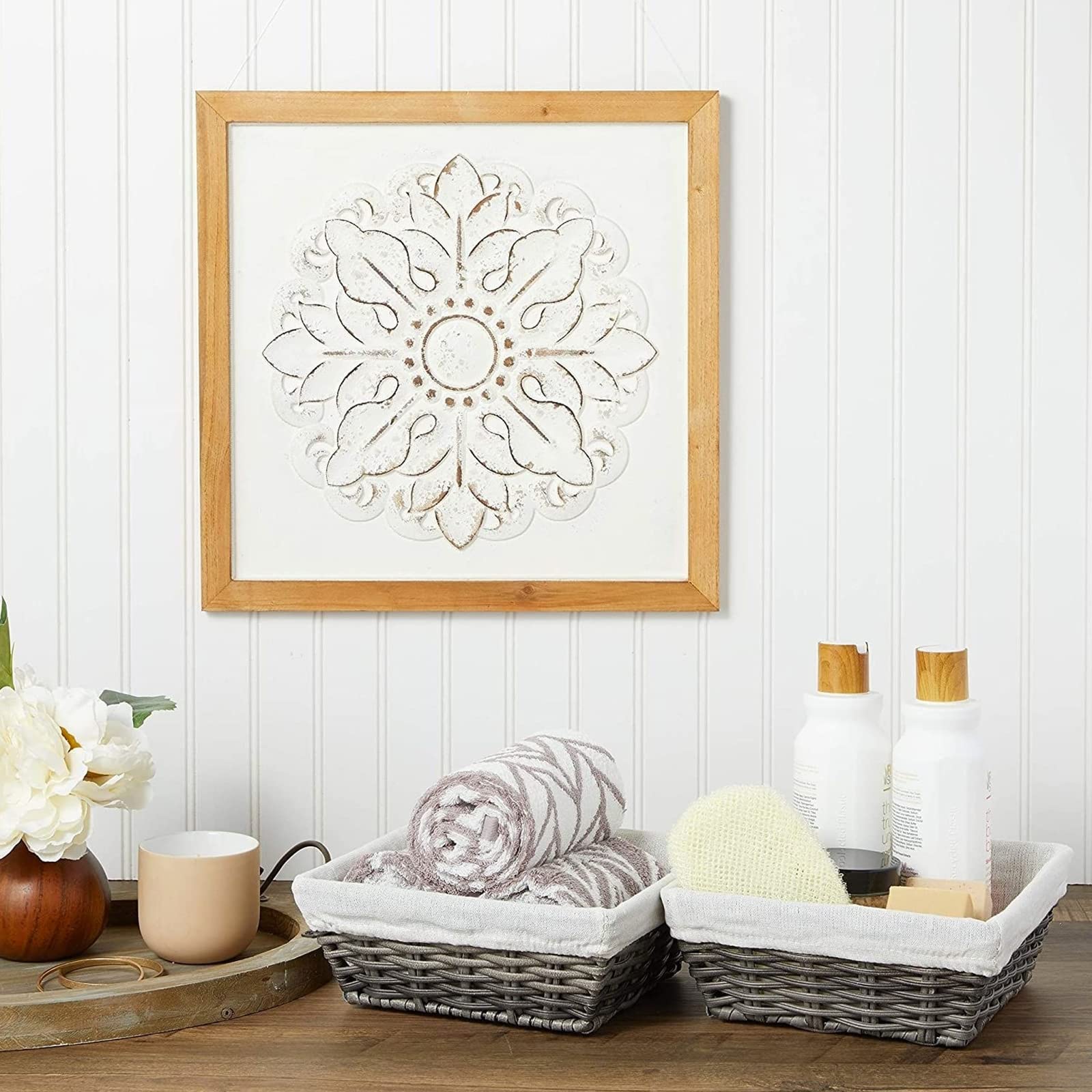 Farmlyn Creek 3-Pack 9 Inch Square Wicker Storage Baskets With Liners - Small Woven Bins For Organizing Kitchen, Closet Shelves,