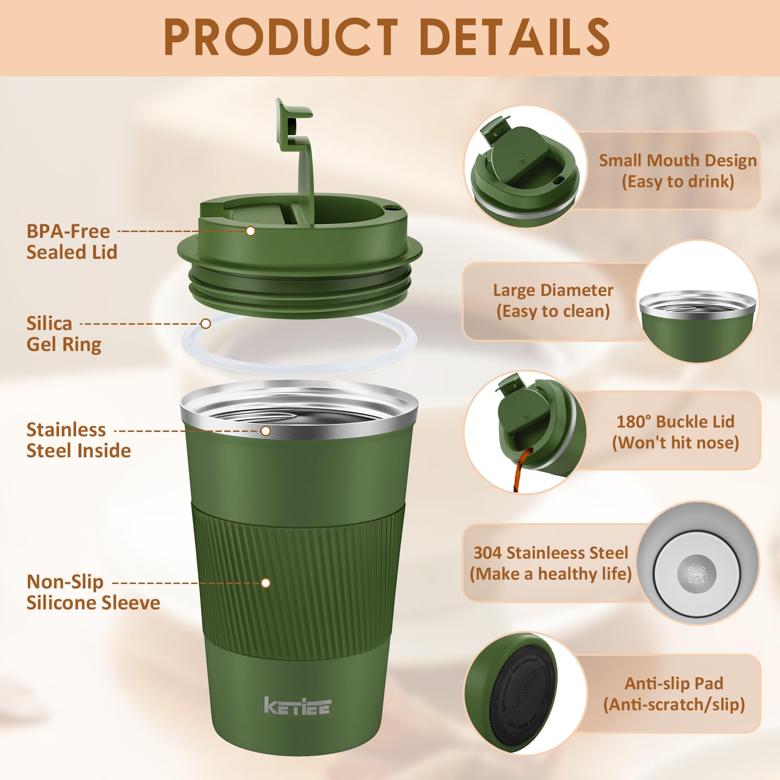 Ketiee Travel Coffee Mug 12Oz: Vacuum Insulated Coffee Cup With Leakproof Lid, Coffee Tumbler, Reusable Coffee Cups, Double Wall