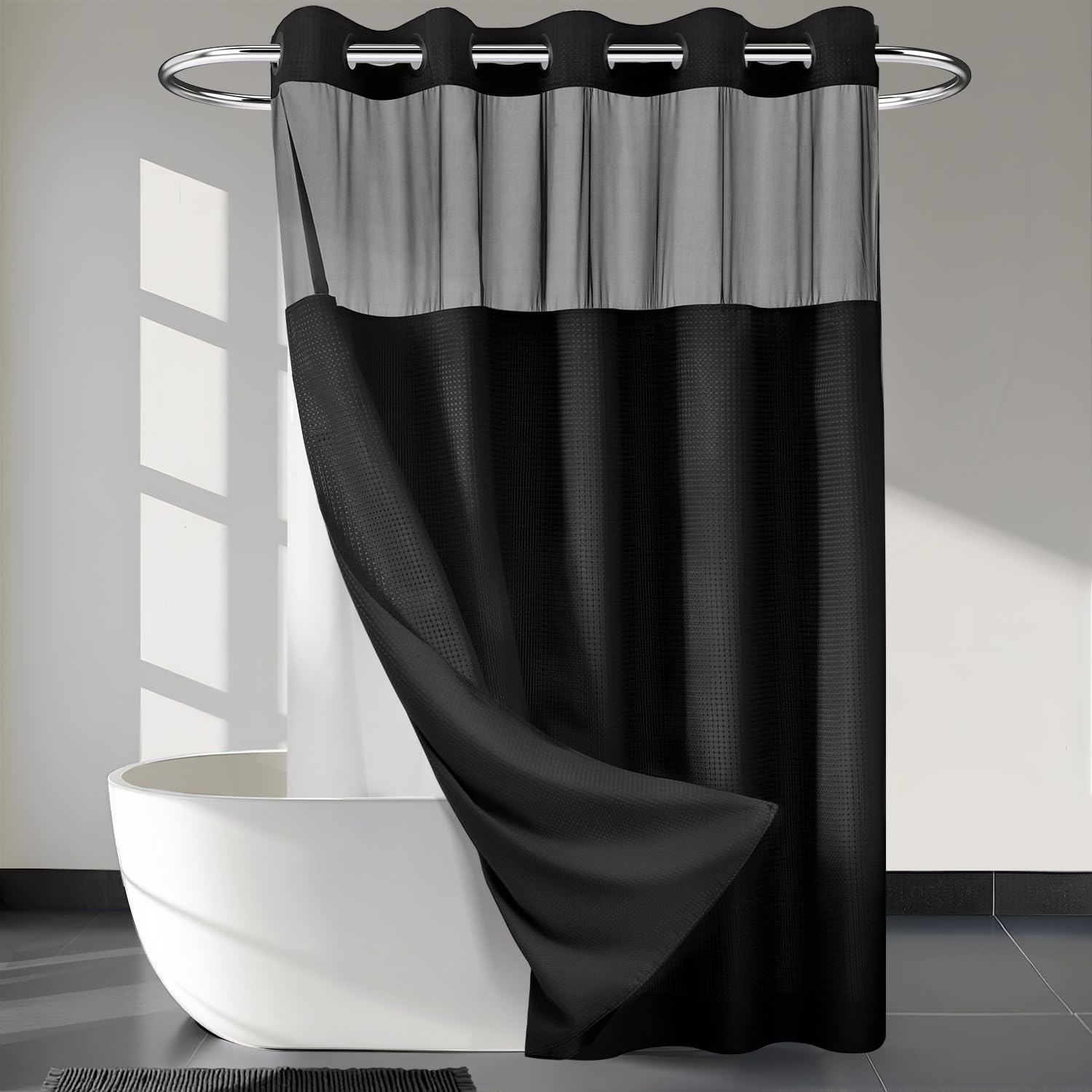 No Hooks Required Waffle Weave Shower Curtain with Snap in Liner - 71W x 74H Hotel Grade Spa Like Bath Curtain Black