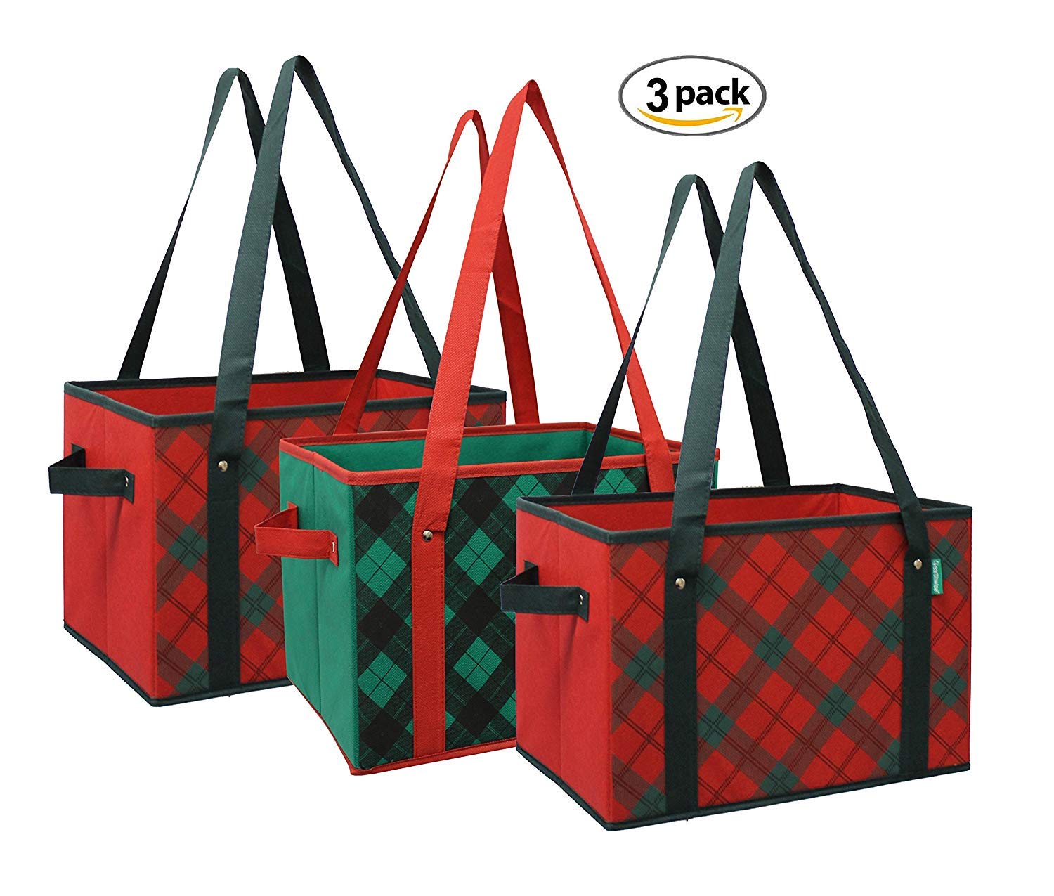 Earthwise Deluxe Collapsible Grocery Bag Set of 3 - Green Plaid Design, Reinforced Bottom, Perfect for Holiday Storage