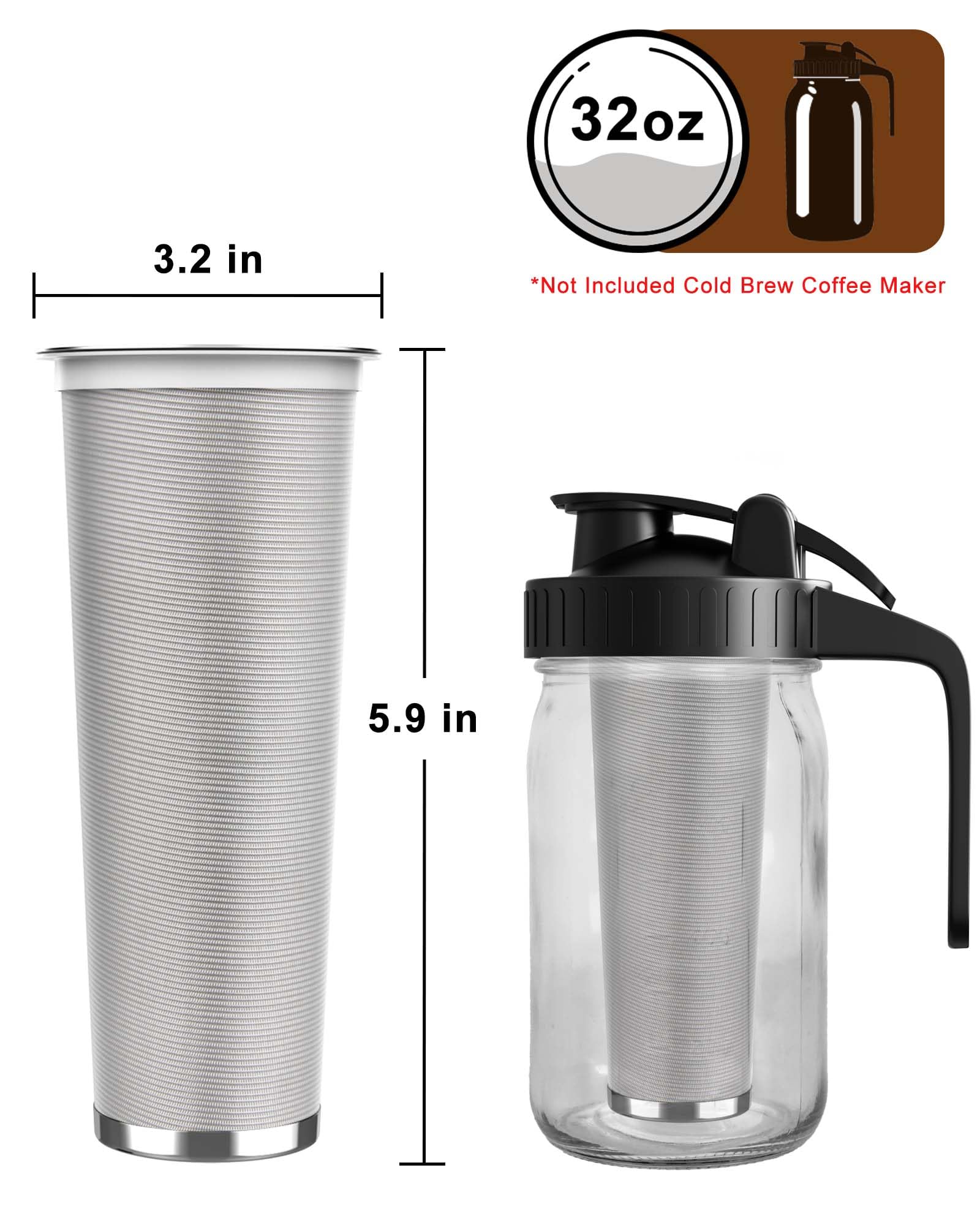 Va1Kene Cold Brew Coffee Filter For 32Oz Wide Mouth Mason Jars, Fine Mesh, 304 Stainless Steel Strainer With Seal Ring, Reusable