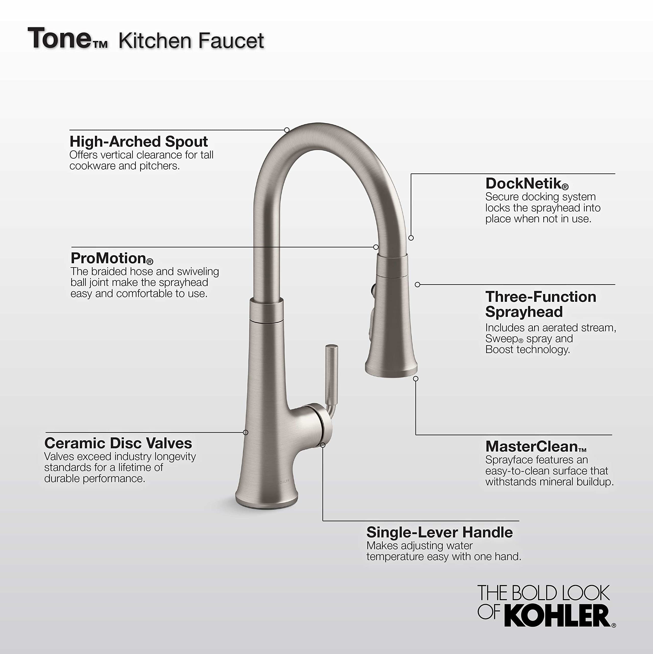 Kohler 23764-Cbl Tone Pull Down Kitchen Faucet, Kitchen Sink Faucets With Pull Down Sprayer, Polished Chrome With Matte Black