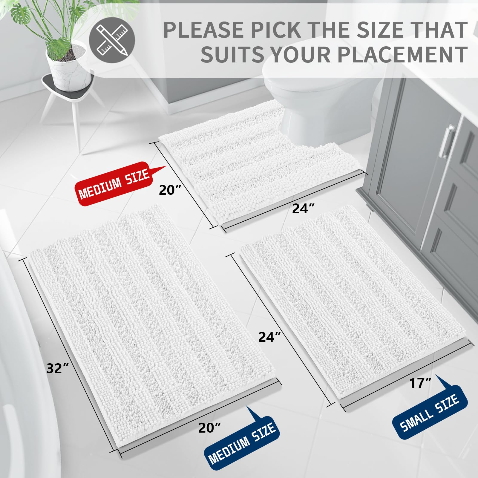 Yimobra U Shaped Toilet Bath Rug  Luxury Chenille Contour Mat for Bathroom  Soft Comfortable Shaggy Commode Rug  Water Absorption  Non-Slip  Extra Thick  Machine Wash  24.4 x 20 Inch  White