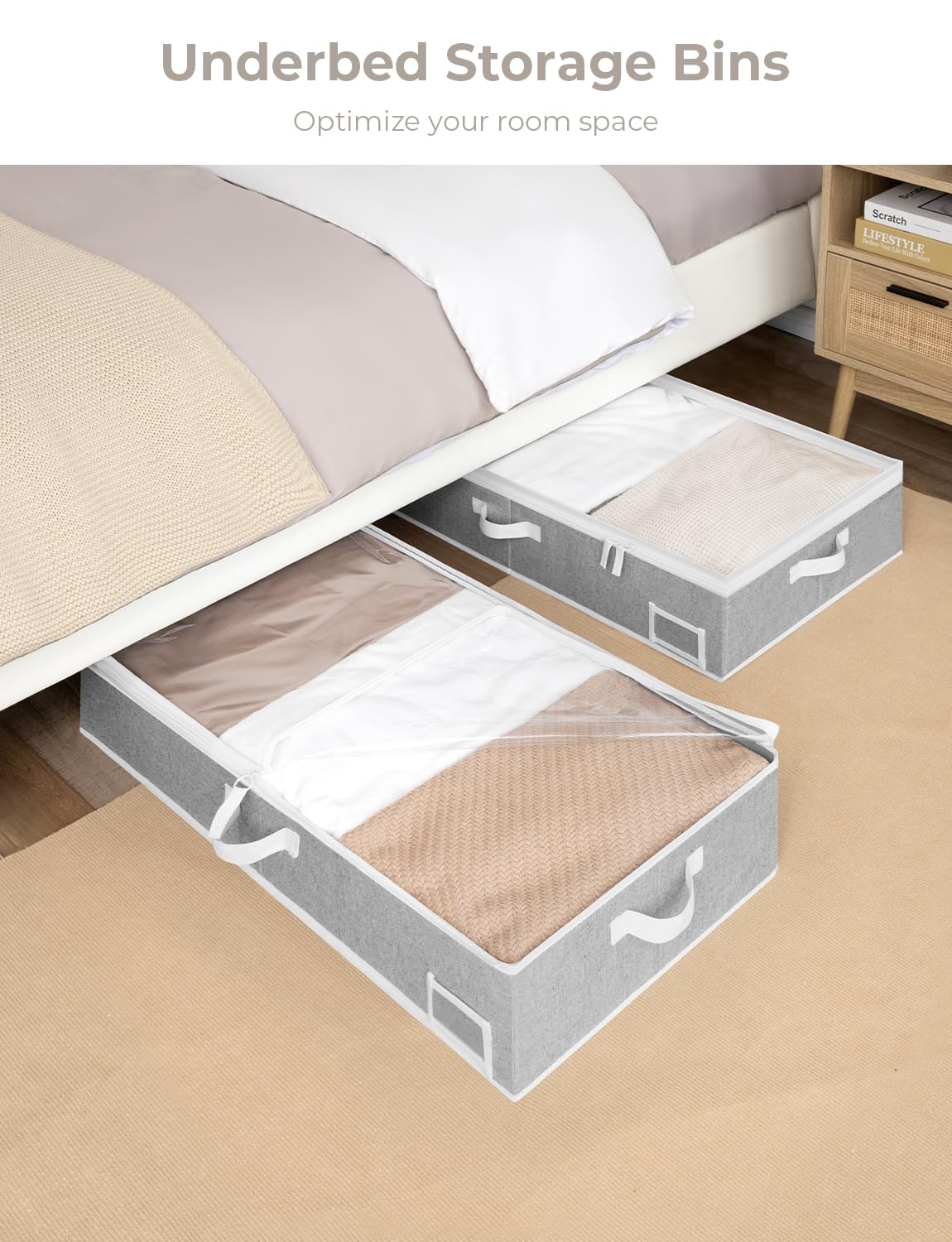 StorageWorks Underbed Storage Box, Underbed Clothes Storage Bin for Clothes, Blankets and Shoes, Foldable Underbed Bags, Gray, L