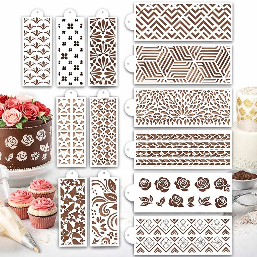 15 Pcs Cookie Stencils for Baking - Royal Icing & Buttercream Decorating Templates, Flower Roses & Folk Brick Designs for Cake C