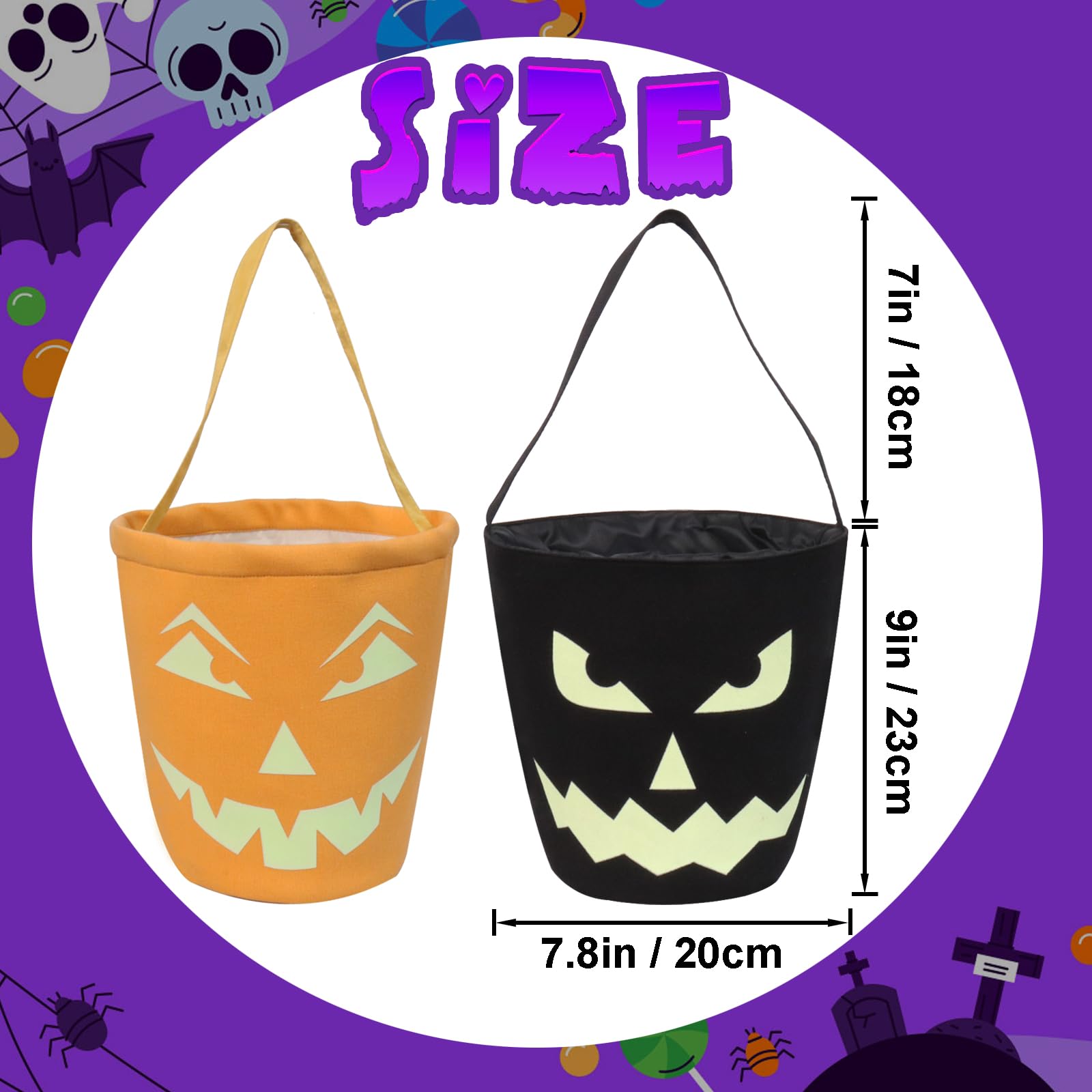 Vitalili 2Pcs Glowing Halloween Basket Pumpkin Halloween Bucket Multipurpose Pumpkin Bucket Trick Or Treat Bucket Halloween Cand