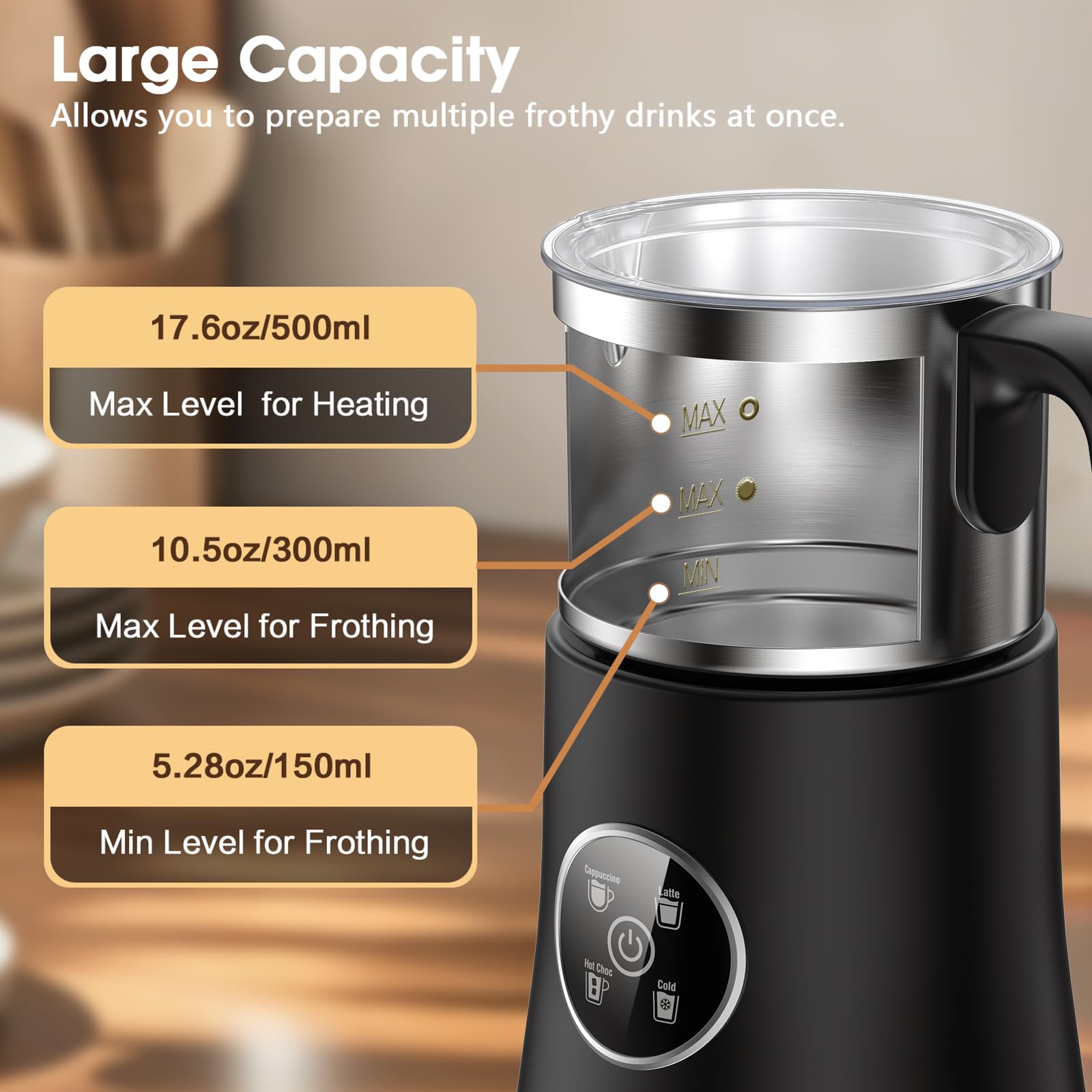 Milk Frother and Steamer, Large Capacity Detachable Electric Milk Frother, Automatic Warm and Cold Foam Maker, Hot Chocolate Mak