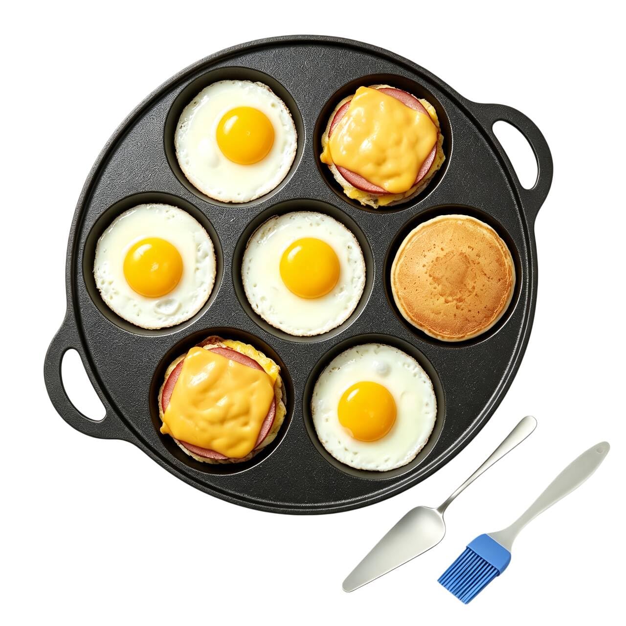 JSY Sun Cast Iron 7Cup Egg Pan, 10 Omelette Pancake Pan, Oven Safe