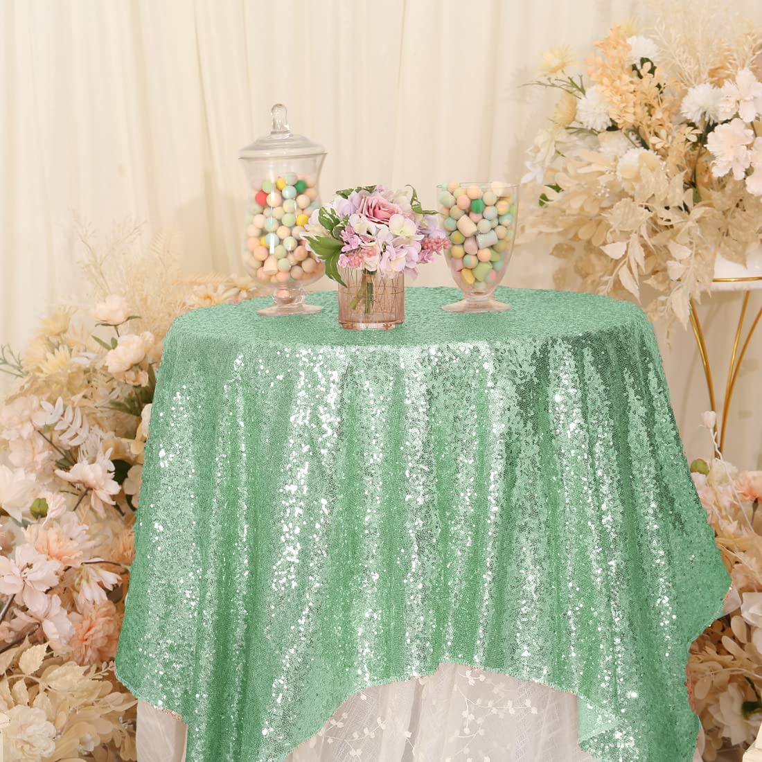 Partydelight Sequin Tablecloth, Sparkly Tree Skirt, Christmas Decor, Square, 50X50, Mint Green