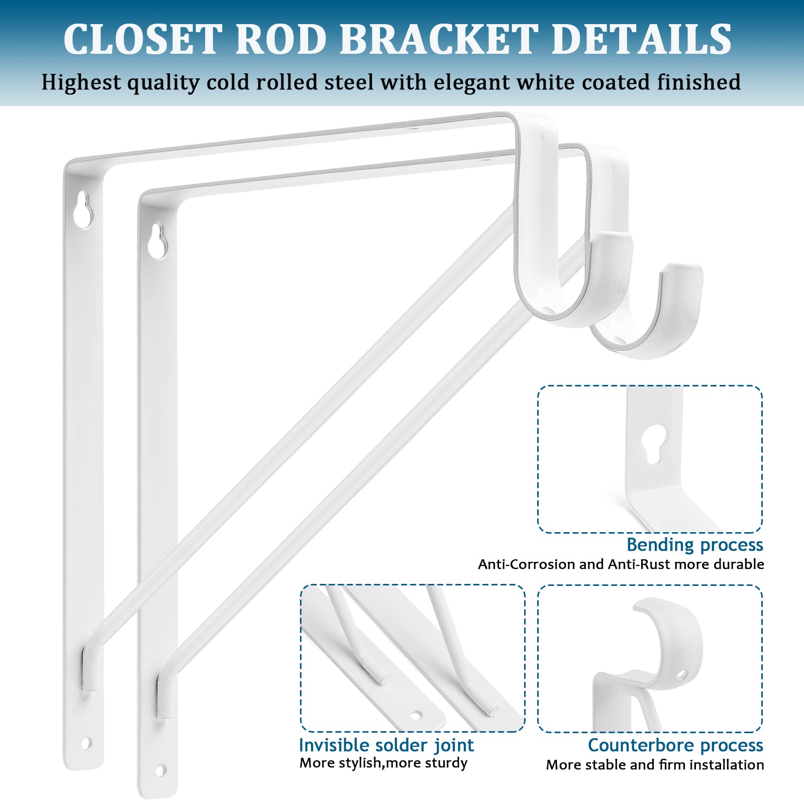 Ayaygd 4Pcs Heavy Duty White Closet Rod Brackets 11 X 11 Inch,1-3/8Inch Diameter Shelf And Rod Bracket Holder For Home And Close