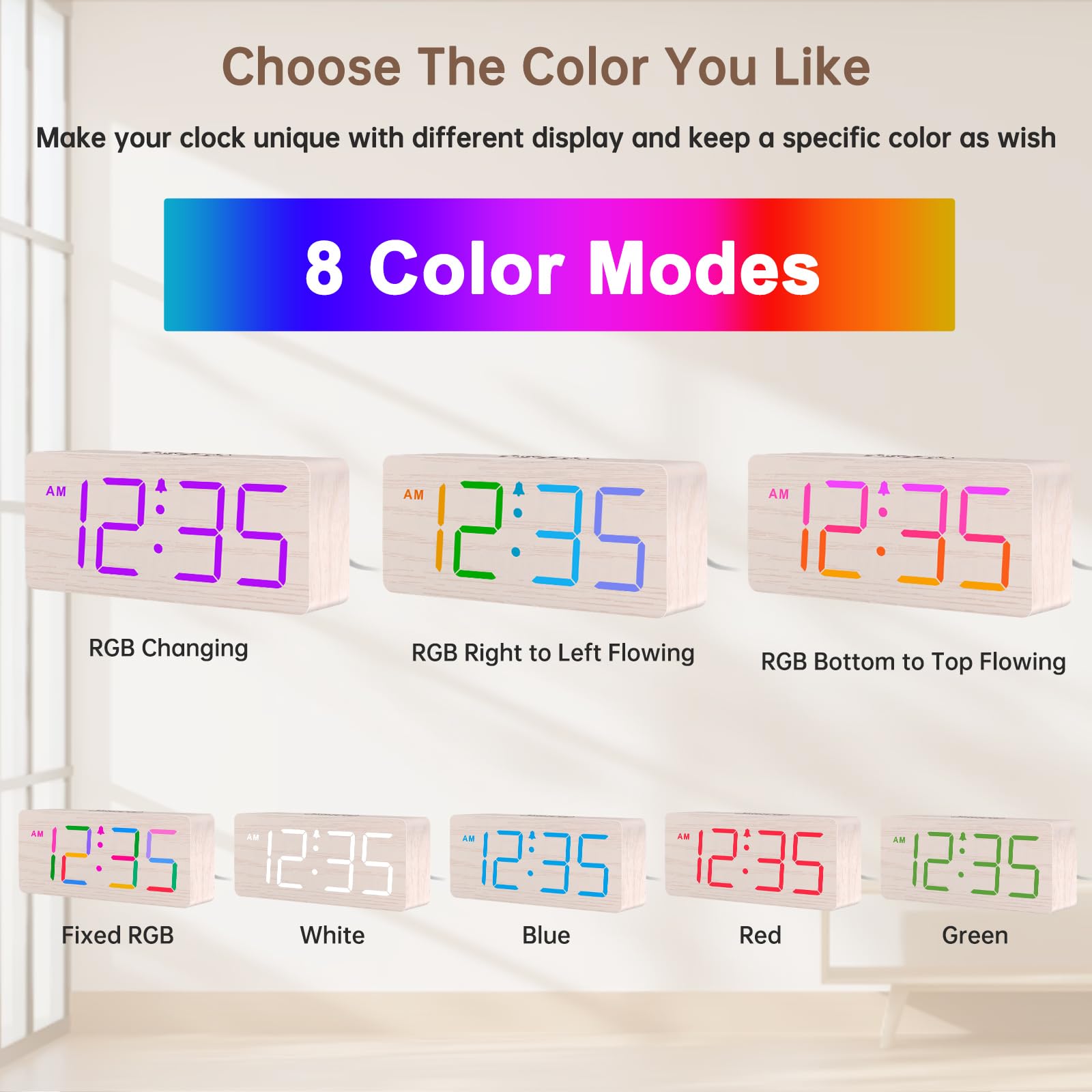 DreamSky Wooden Digital Clock for Bedroom Desk - RGB Loud Alarm Clock for Heavy Sleepers with Volume Control, Large Numbers with