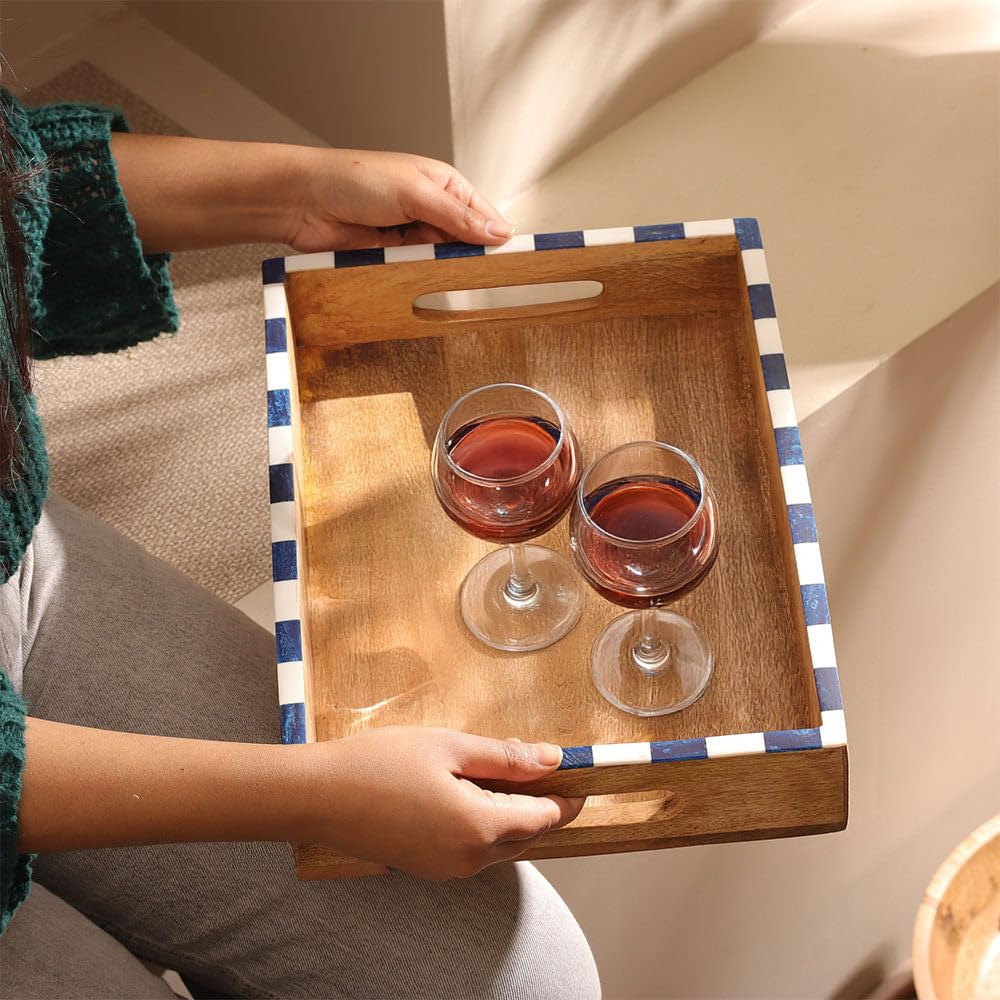 Esq Living Mango Wood Striped Serving Tray With Side Handles | Serving Tray For Home Kitchen And Dining Table | Tea Tray | Ideal