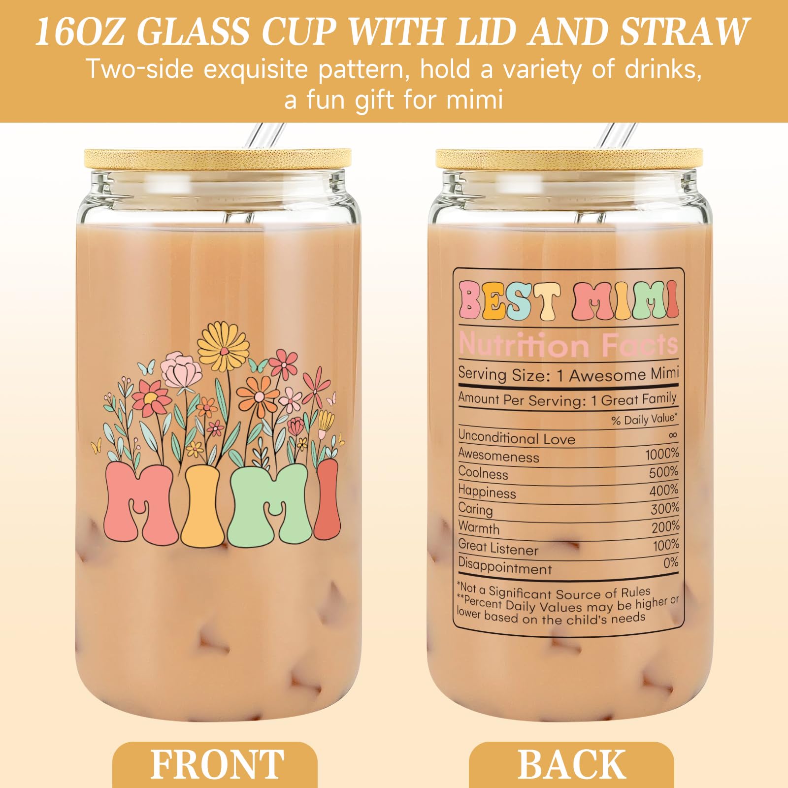 iAOVUEBY Mimi Gifts for Women Birthday Mothers Day Gifts Set from Granddaughter Grandson Grandchildren, 16 Oz Glass Cup Canvas T