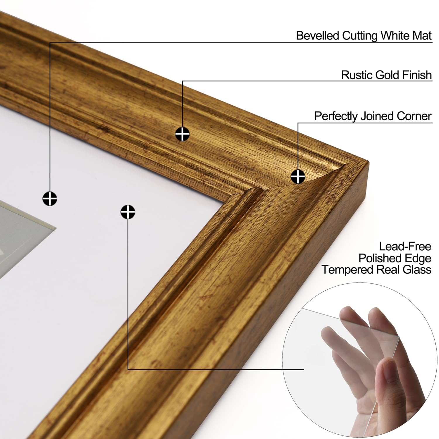 Yaetm 8x10 Picture Frame Matted to 5x7 Set of 4, 1.4    Wide Molding & Rustic Gold Photo Frames 8 x 10 with Tempered Glass, Disp