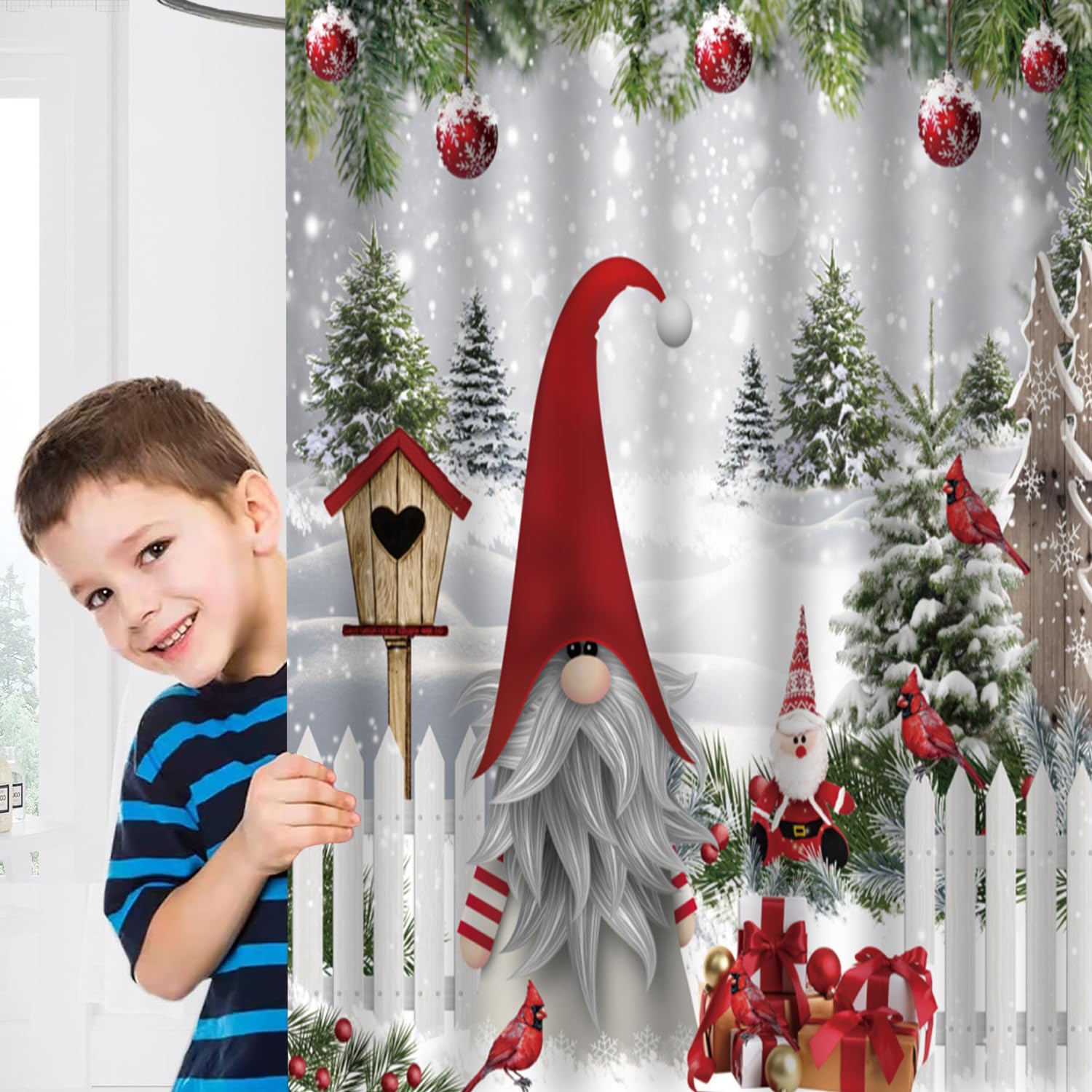 Atwqevon Christmas Shower Curtain, Gnome Shower Curtain Set, Winter Shower Curtains For Bathroom, Lovely Cute Sprite Bathroom Sh