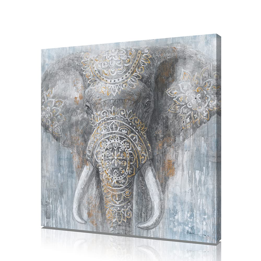Yidepot Grey Blue Elephant Wall Decor - Wild Animals Canvas Elephants Print 24X24Inch For Bedroom Framed Ready To Hang