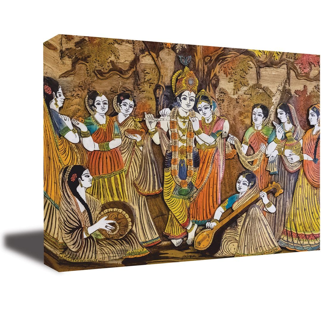 Cvanu Radha-Krishna With Gopis Canvas Painting With Wooden Stretched Wall Art Painting For Decoration (30X18Inch)-202308-370