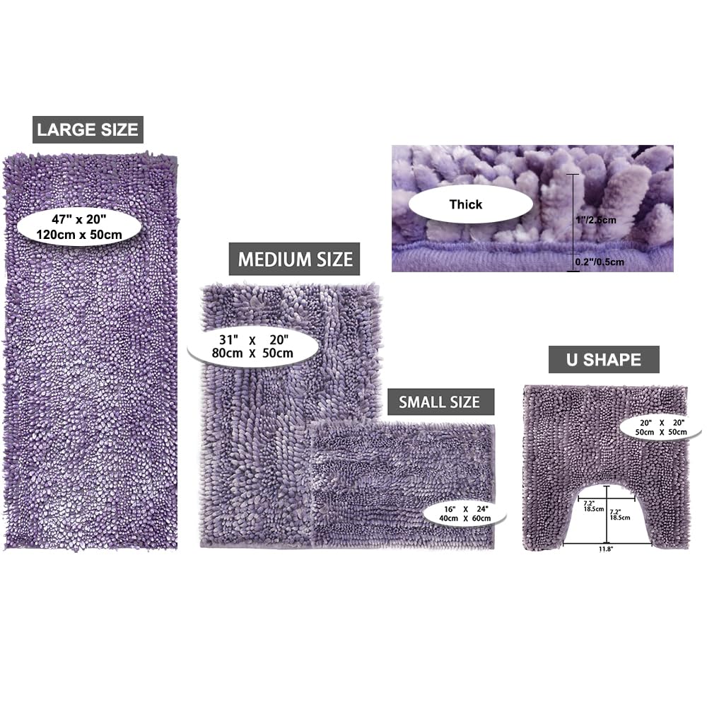Civkor Bath Mats for Bathroom Purple  Bathroom Rugs Runner Long Chenille Bathroom Rug Set 47x20 Plus 31x20 Non Slip Backing Extra Soft & Absorbent Thick Shaggy Floor Mats  Machine Washable