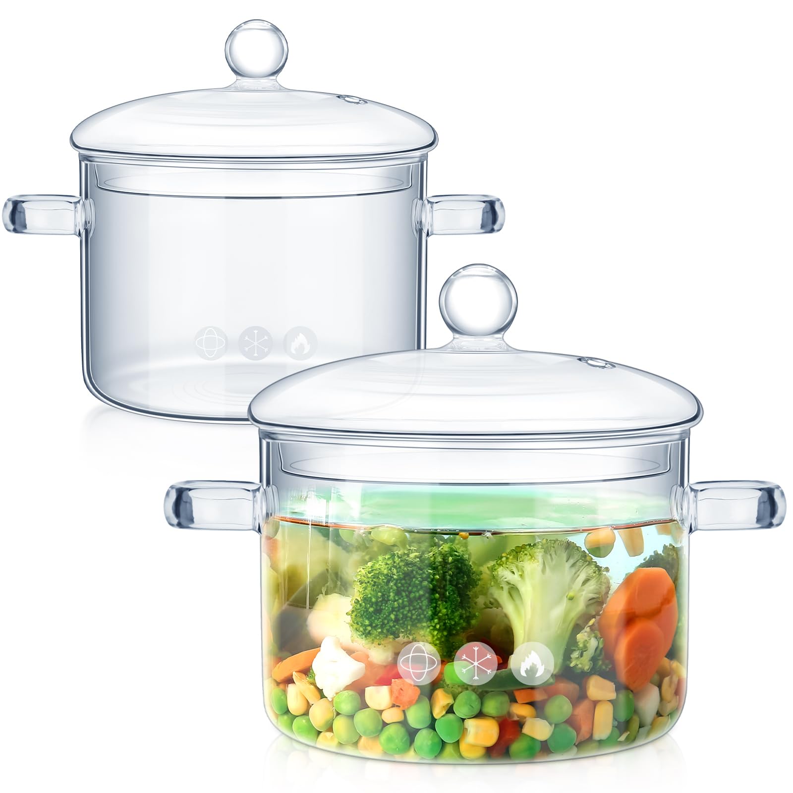 Uiifan 2 Pcs Glass Pot Set with Lid Handle, Heat Resistant Clear Cookware