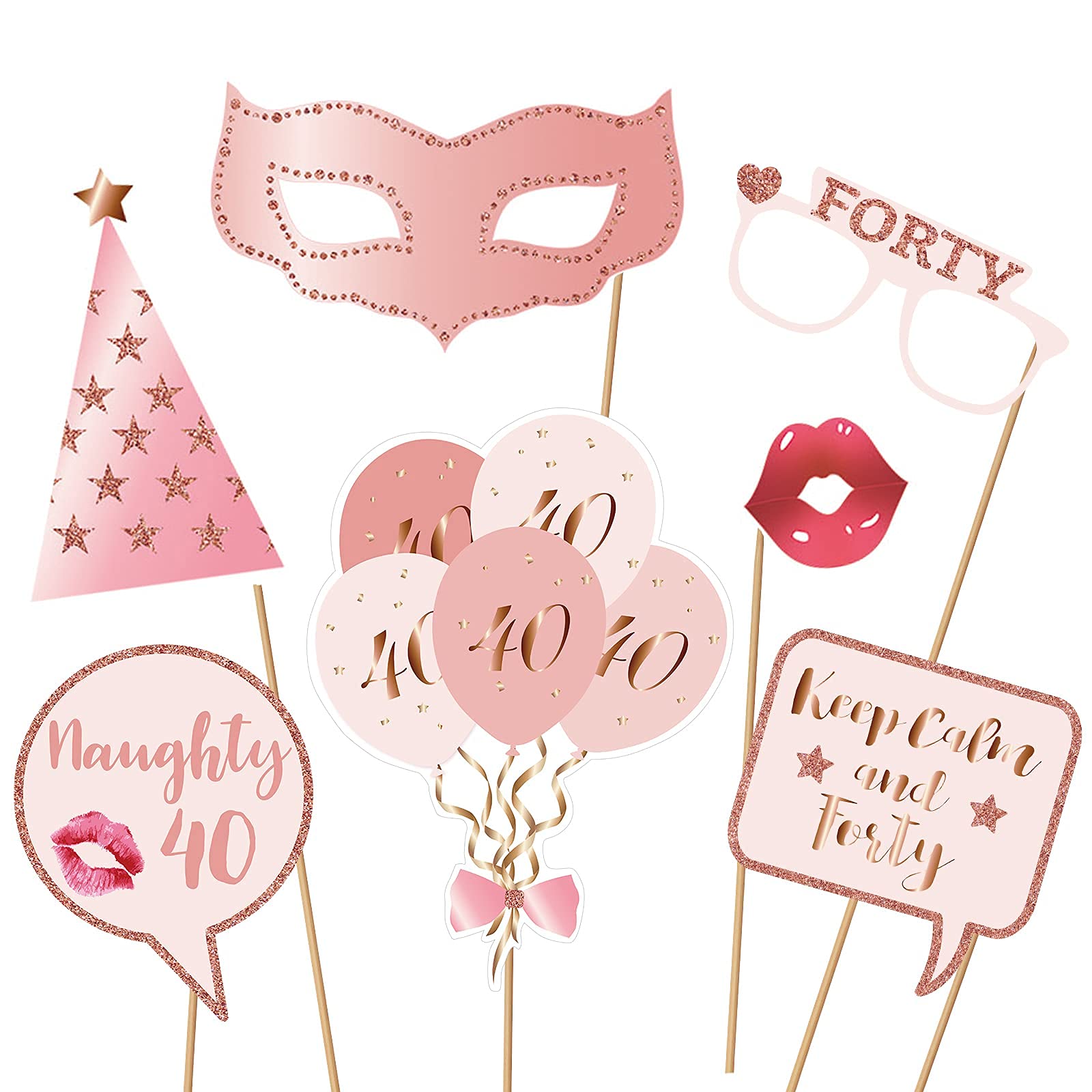 40Th Birthday Party Photo Booth Props And Signs, Rose Gold 40 Birthday Party Selfie Props Kit With Sticks For Girls Women, Forty
