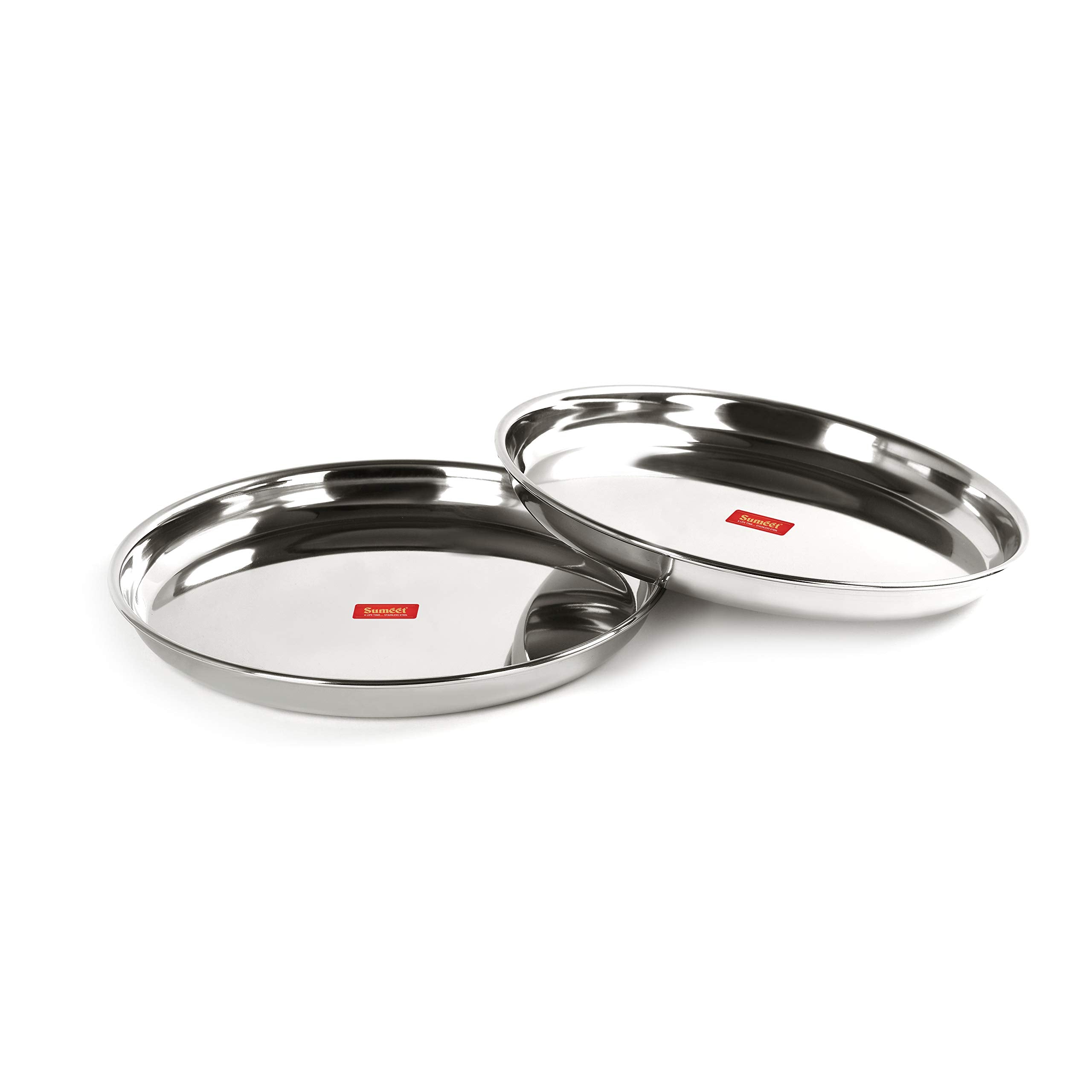 Sumeet Stainless Steel Heavy Gauge Deep Wall Dinner Plates With Mirror Finish 26.6Cm Dia - Set Of 2Pc