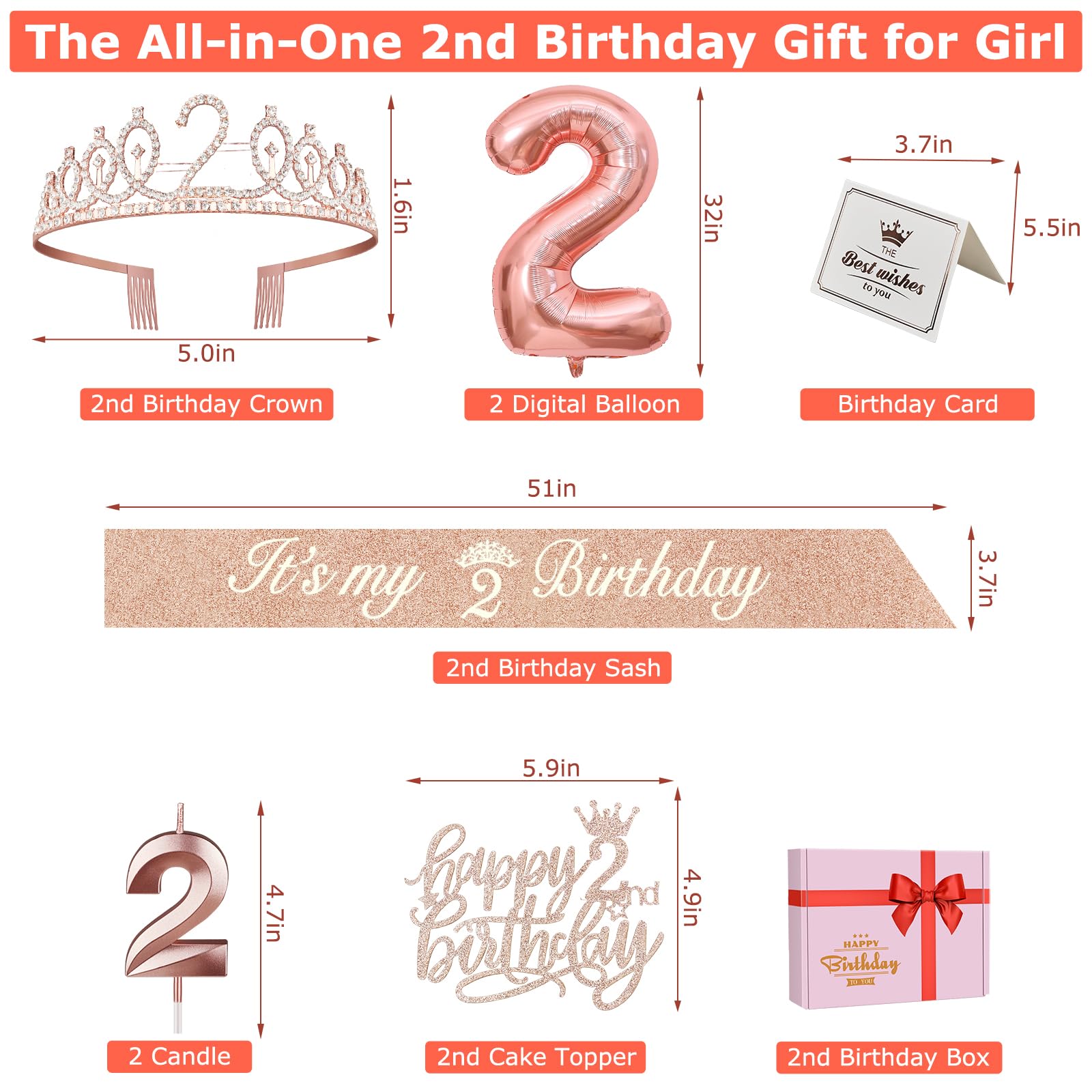 2Nd Birthday Decorations For Baby Girls, Including 2Nd Birthday Sash And Tiara, Cake Topper And Candle 2, Number 2 Birthday Ball