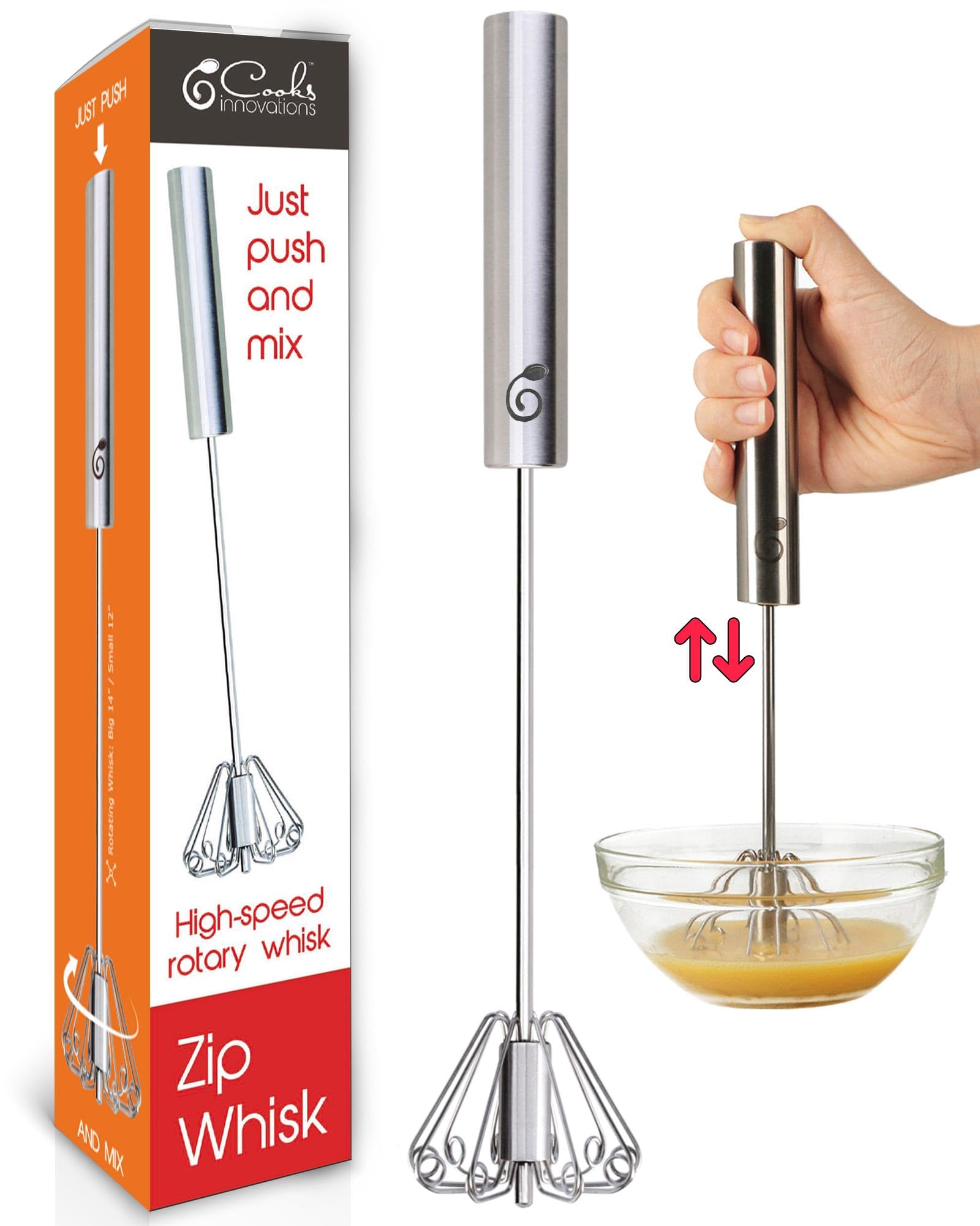 Cooks Innovations Stainless Steel Semi-Automatic Egg Whisk - Push-Down Rotary Egg Beater For Whisking, Frothing, And Mixing (14