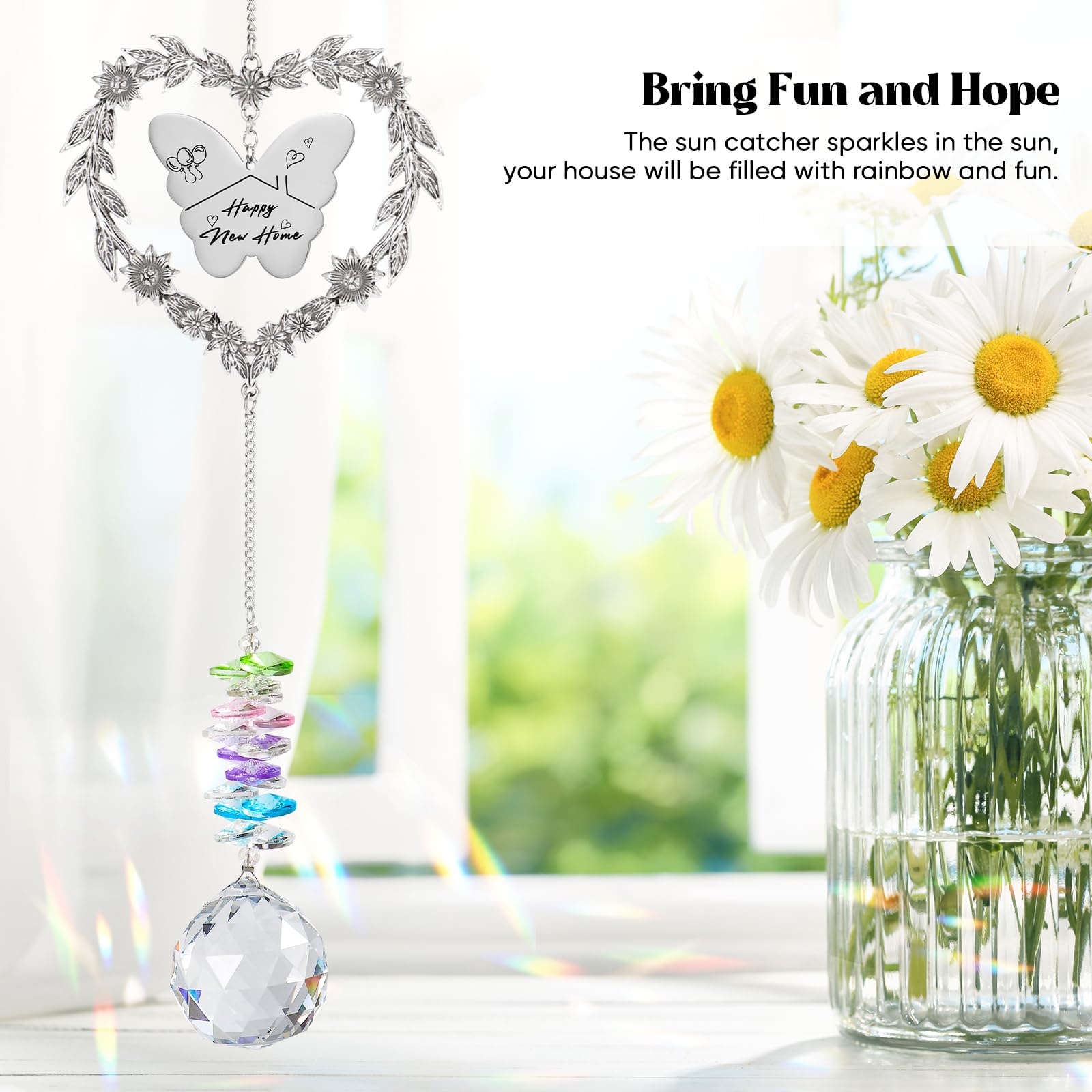 Elivida Housewarming Gift Sun Catcher, New Home Gift Heart-Shaped Wreath Hanging Ornament for Window, Happy New Home Rainbow Mak