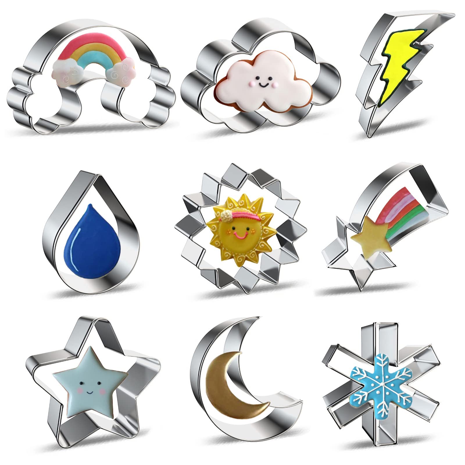 Weather Cookie Cutter Set For Baking - 9 Piece - Rainbow Cloud Lightning Bolt Raindrop Sun Shooting Star Moon Snowflake Cookie C